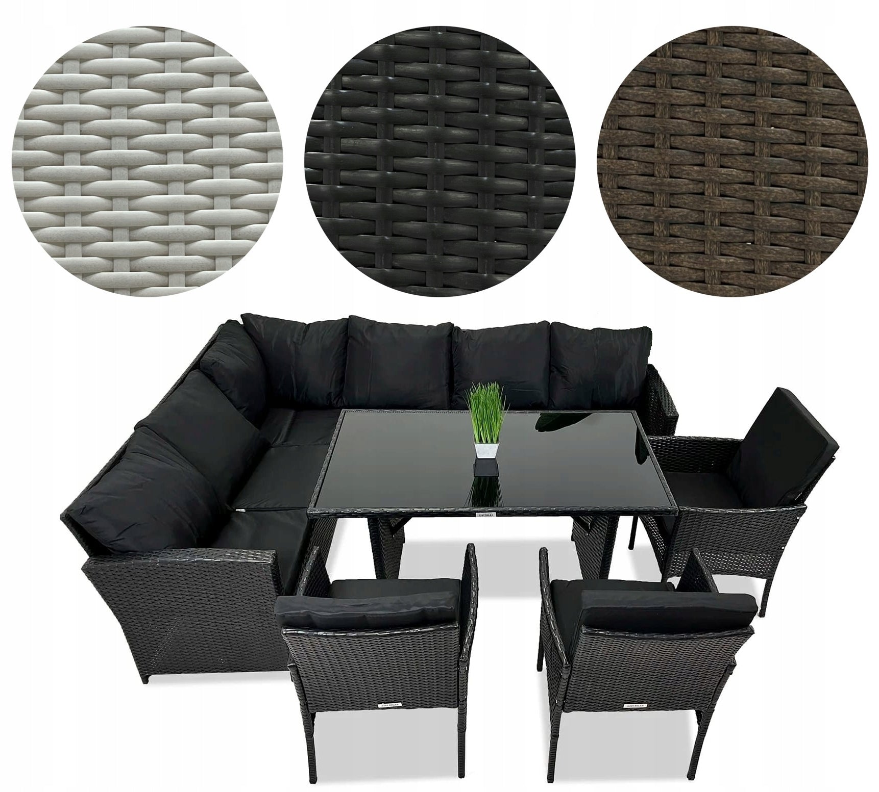 Set of rattan garden furniture CORNER + TABLE + ARMCHAIR 6 people BLACK