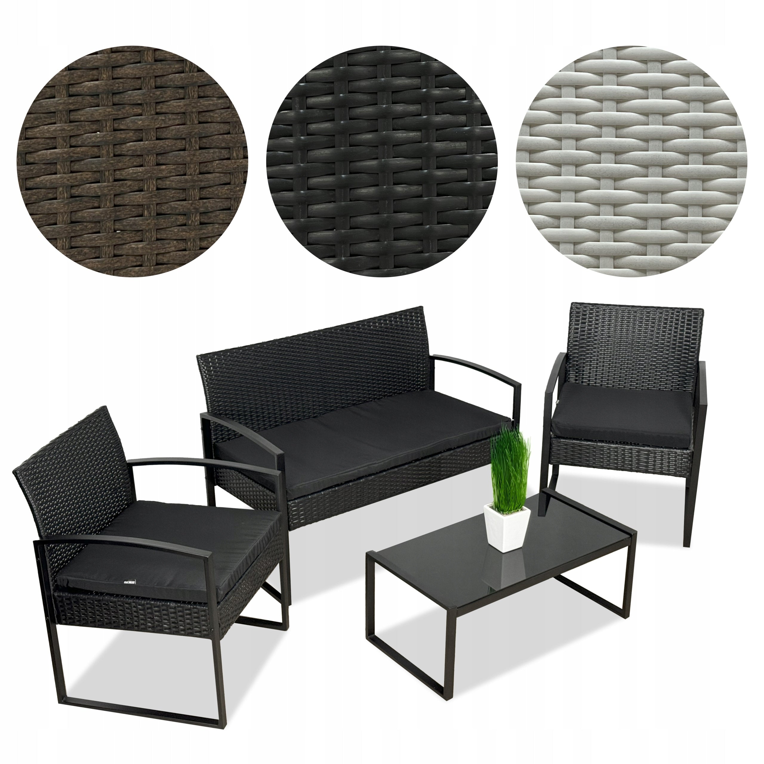 Set of rattan garden furniture SOFA + ARMCHAIR x2 + TABLE for 4 people BLACK