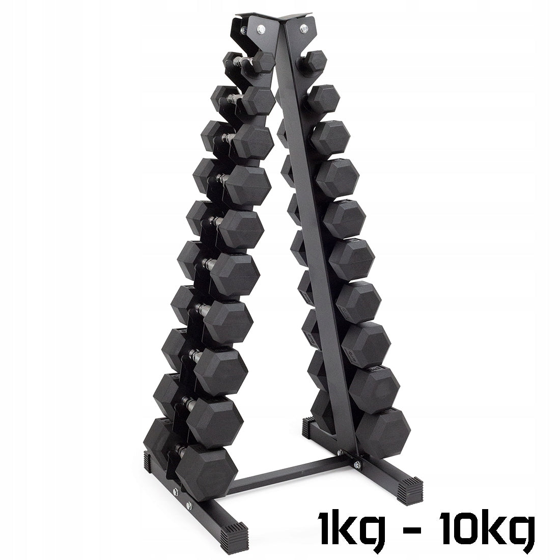 Set of rubberized hex dumbbells 2x1kg - 2x10kg with stand SOLID 110kg