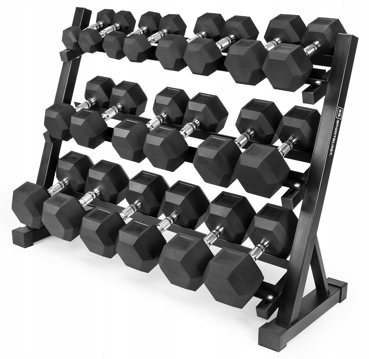 Set of rubberized hex dumbbells 2x2,5kg - 2x25kg with stand SOLID 275kg