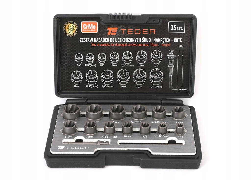 Set of sockets for damaged bolts and nuts 15 pcs - forged/ Cr-Mo steel /