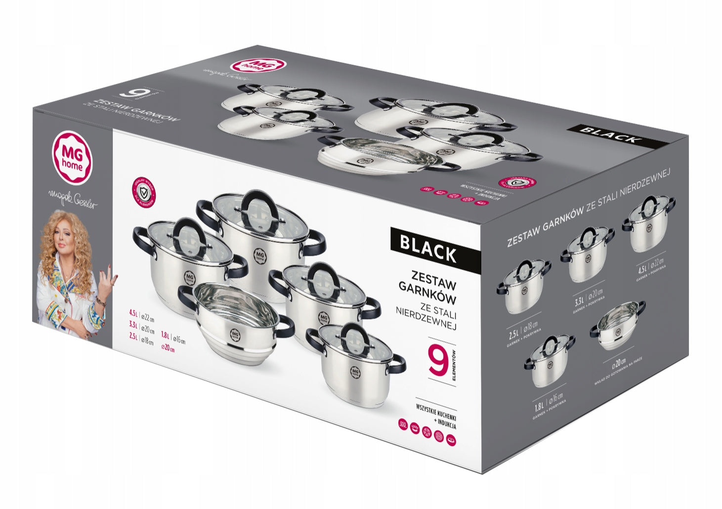 Set of stainless steel pots 9 el. with lid induction gas Number of items in the set 9