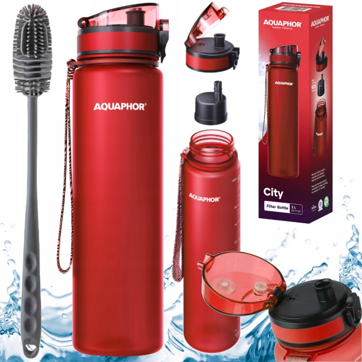 Set of toothbrush + filter bottle AQUAPHOR CITY 1l red