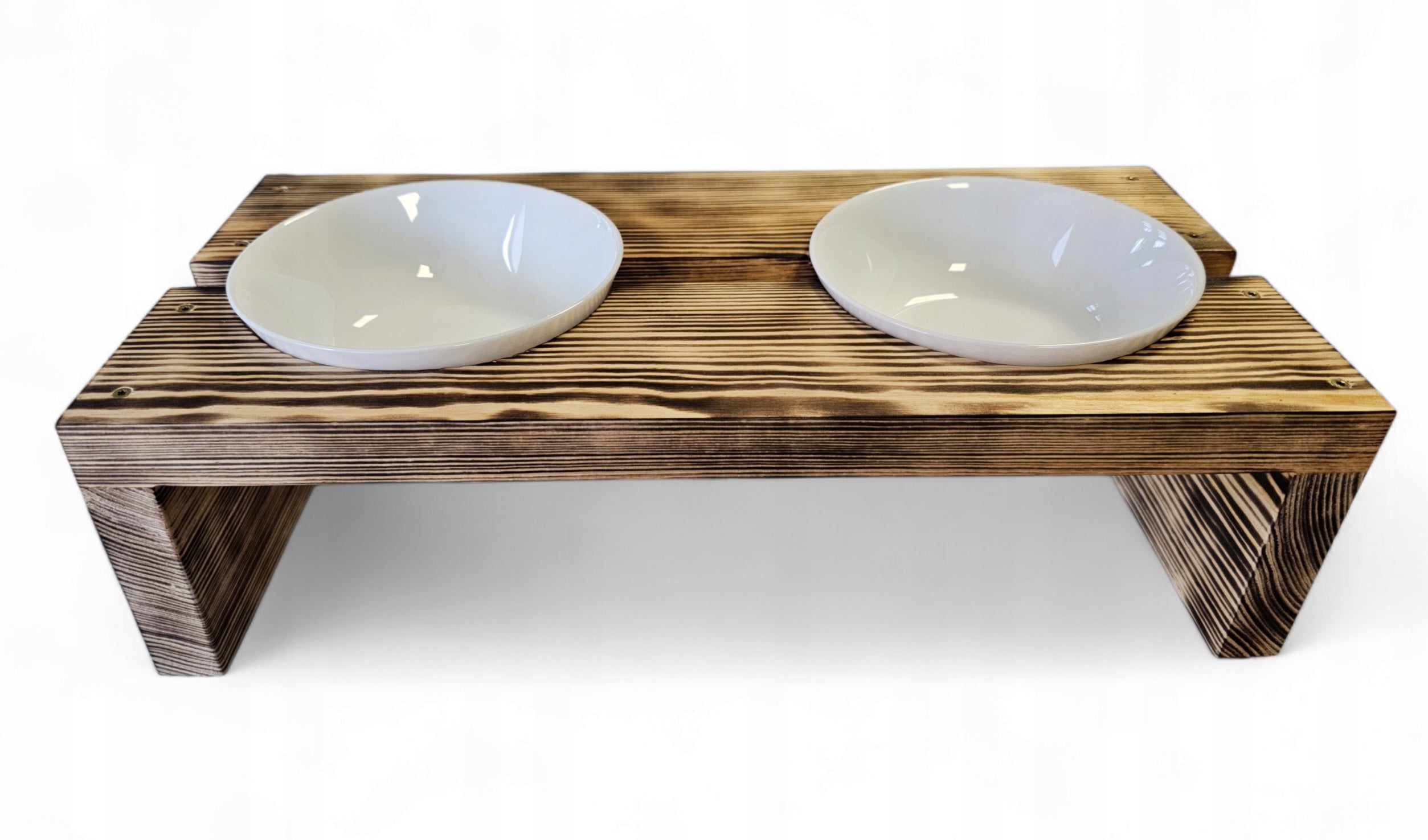 Set of two 1600 ml dog bowls on wooden stand glass bowls Packaging status original