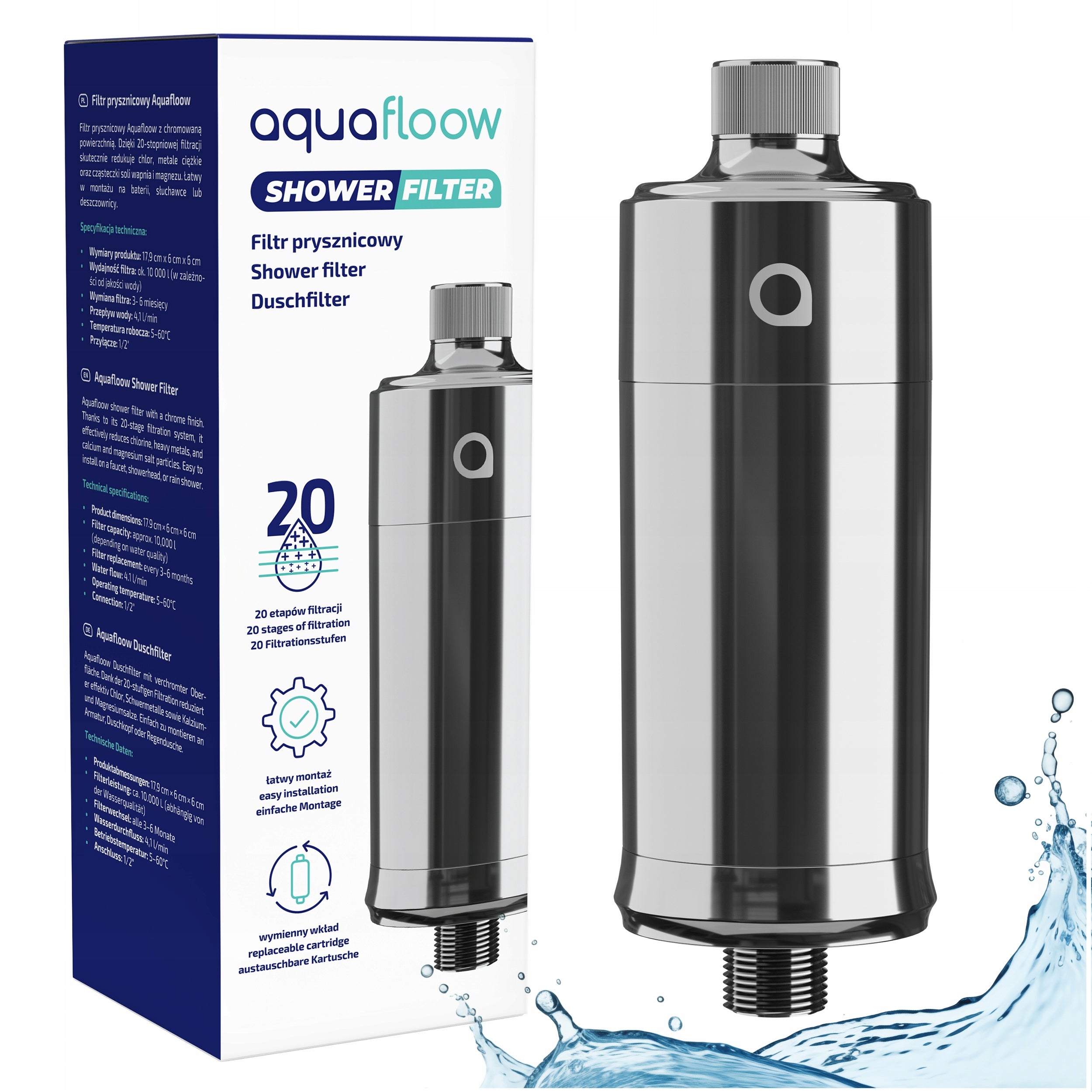 Shower water filter AquaFloow for shower silver 20 layers - 1 pc.
