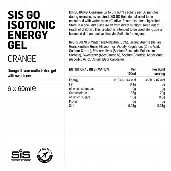 SiS Go isotonic Energy Gel orange - set of 6x60ml Expiration date at least six months from the date of purchase