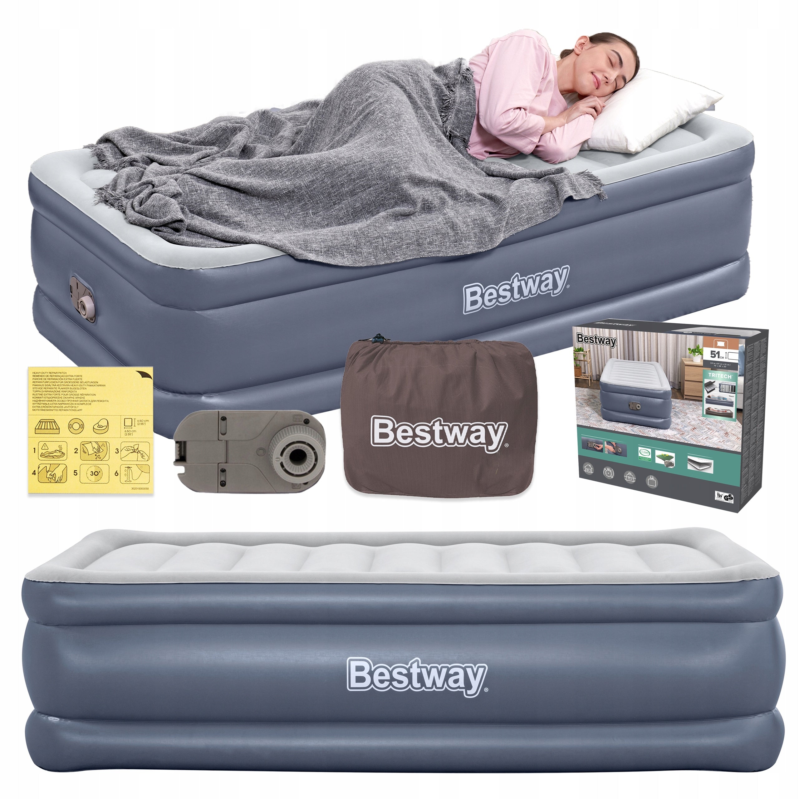 Single inflatable mattress 191x97x51 Bestway 6713G with built-in pump