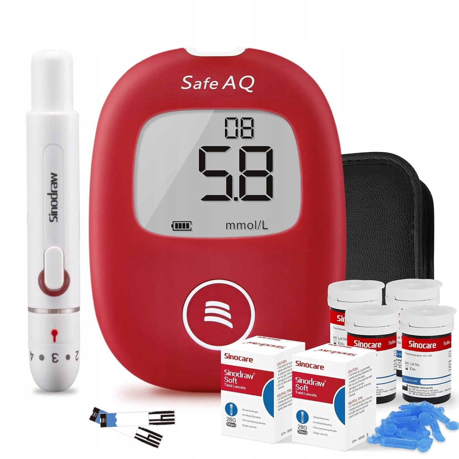 Sinocare SAFE AQ SMART glucose meter in mg/dl with 100 strips and 100 lancets Packaging status original