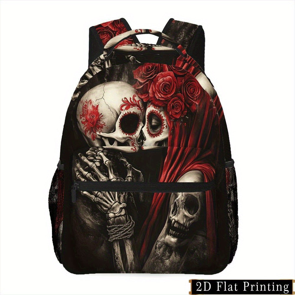 Skull Head Red Rose Print Backpack - Hand Washable for Commuting & Fitness