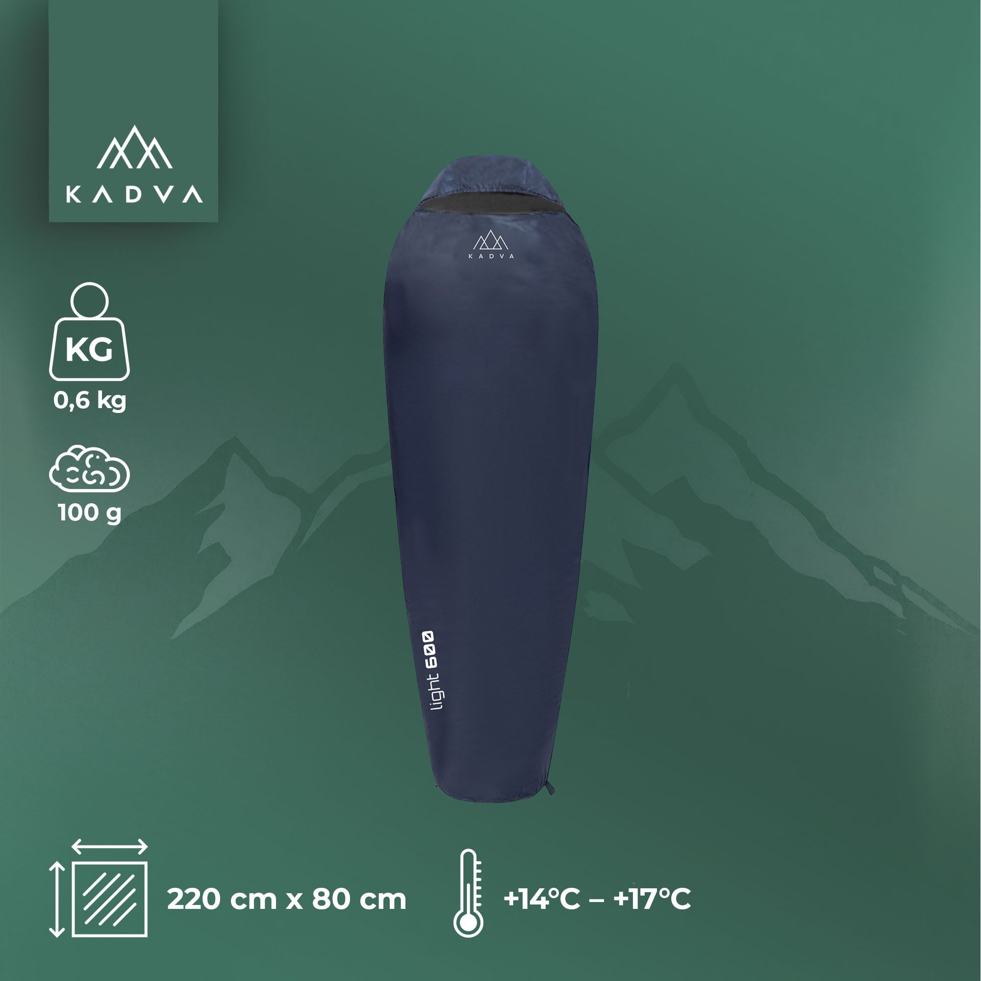 Sleeping bag KADVA Light 600 L left navy blue Tourist 220x80 THERMAL INSULATION Manufacturer code KDV-B4B053-GY