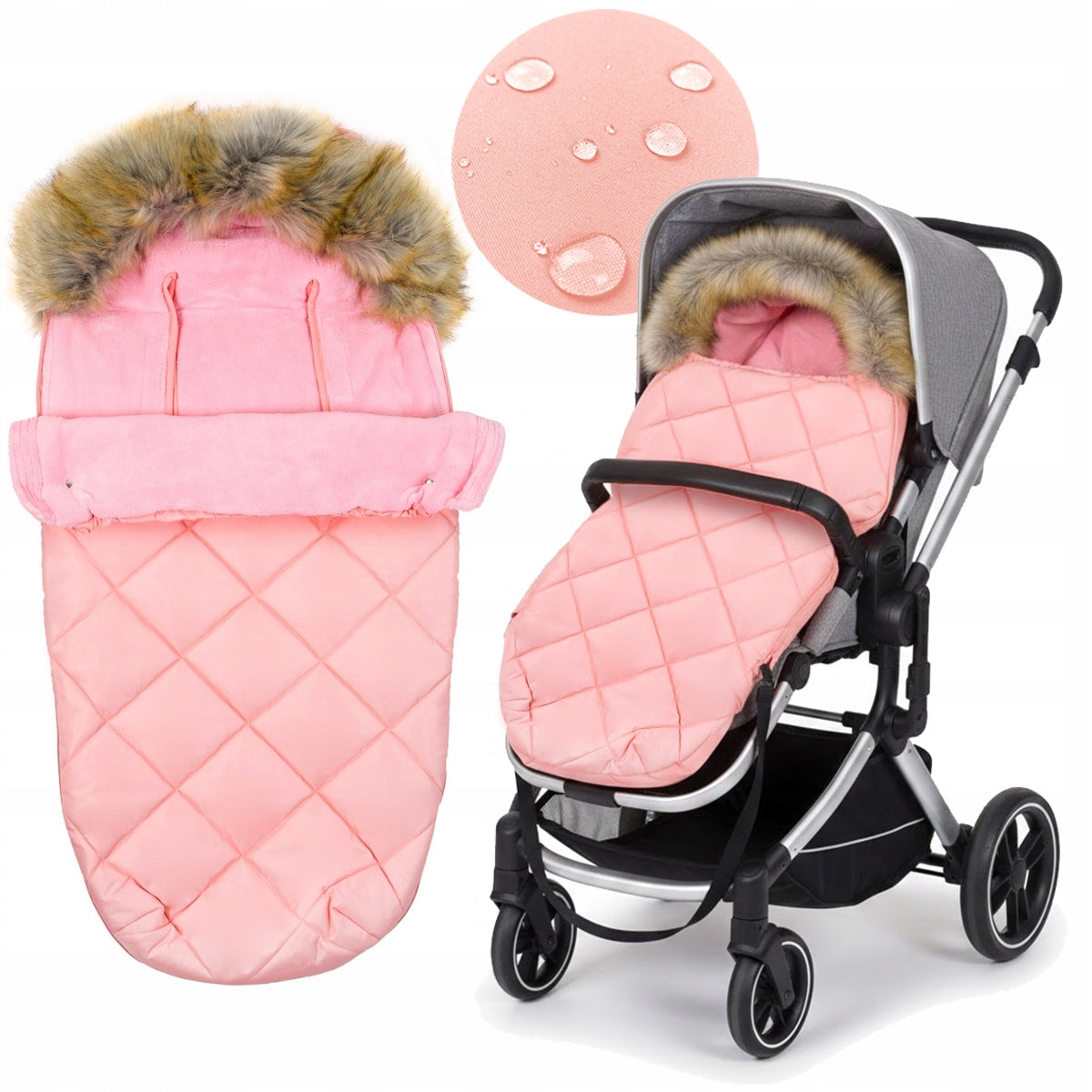 Sleeping bag with fur for stroller for winter for quilted sled