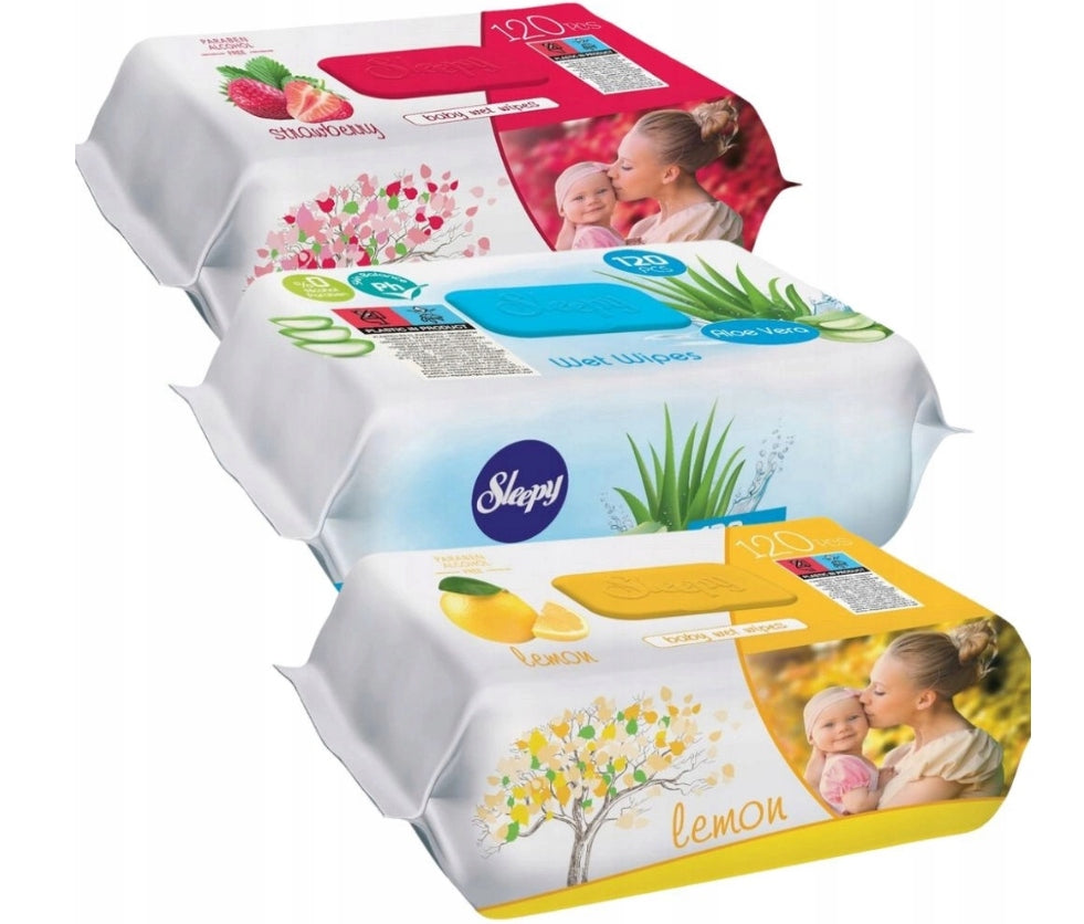 Sleepy wet wipes 3x120pcs per pack lemon, aloe, strawberry