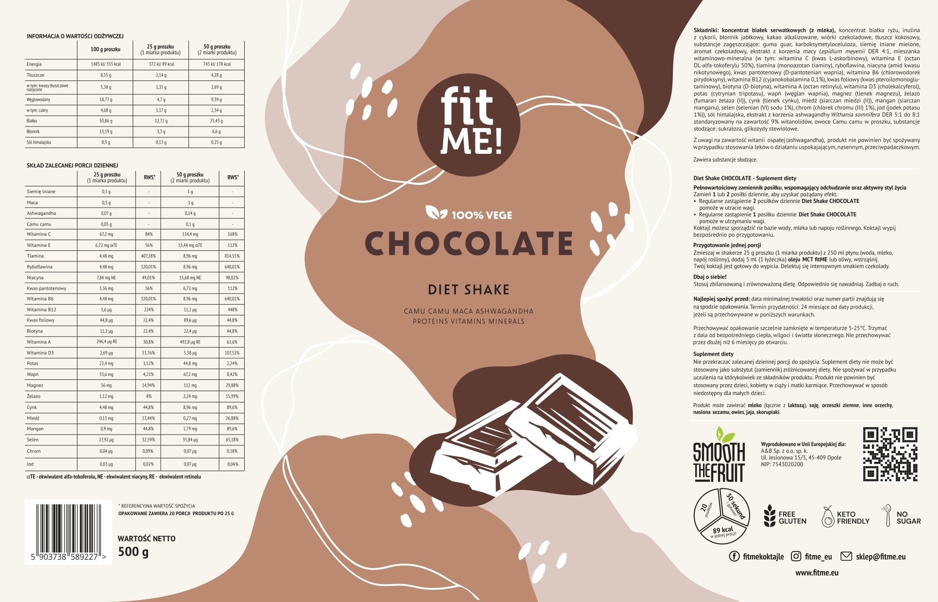Slimming Protein Cocktail fitME Chocolate 500 g whey protein supplement Expiration date at least 1 year from the date of purchase