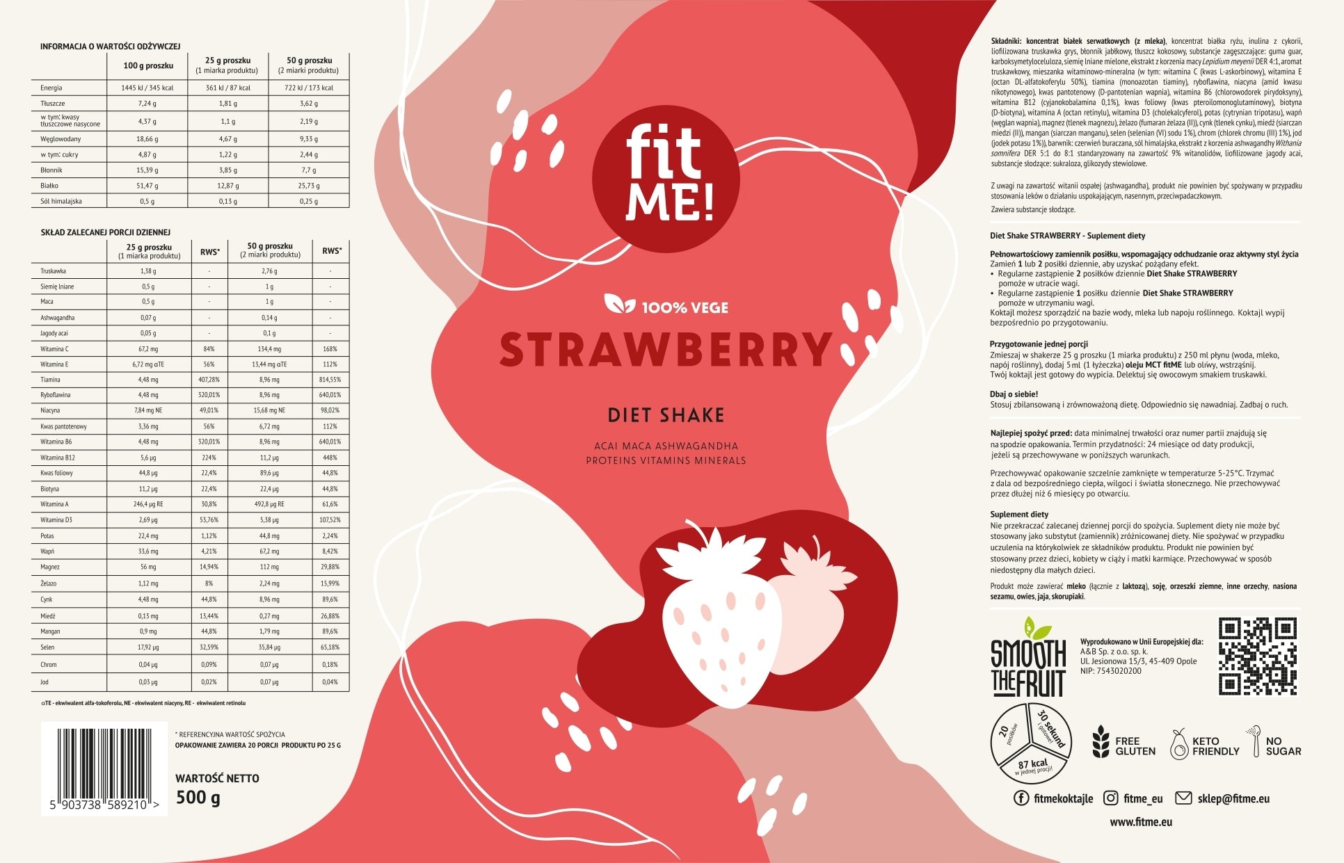 Slimming Protein Cocktail fitME Strawberry 500 g whey protein supplement Expiration date at least 1 year from the date of purchase