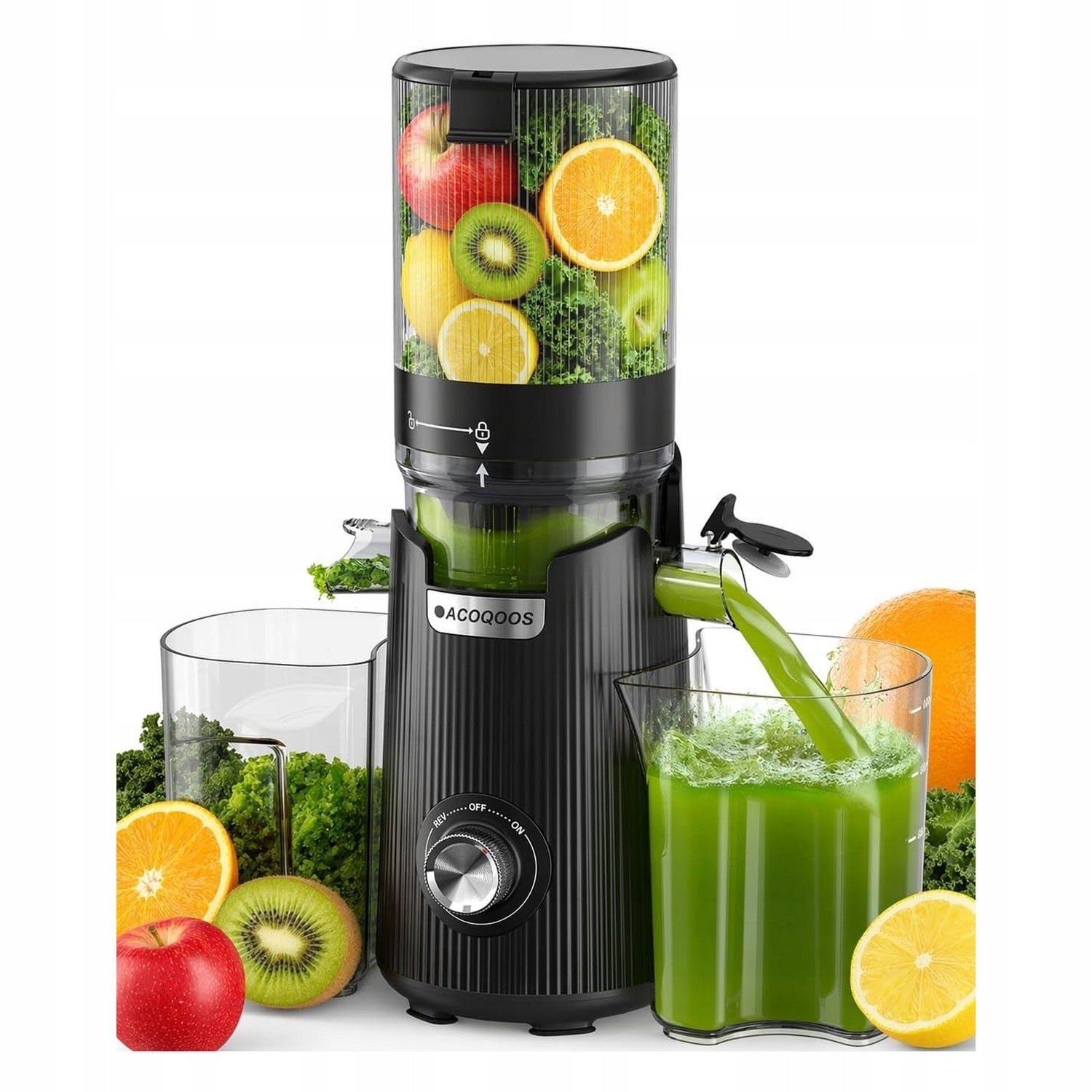 Slow-rotating fruit and vegetable juicer with wide opening for