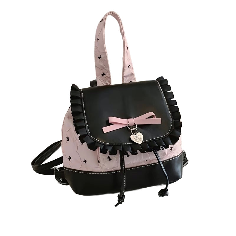 Small Korean Style Backpack Pink Black with Bow