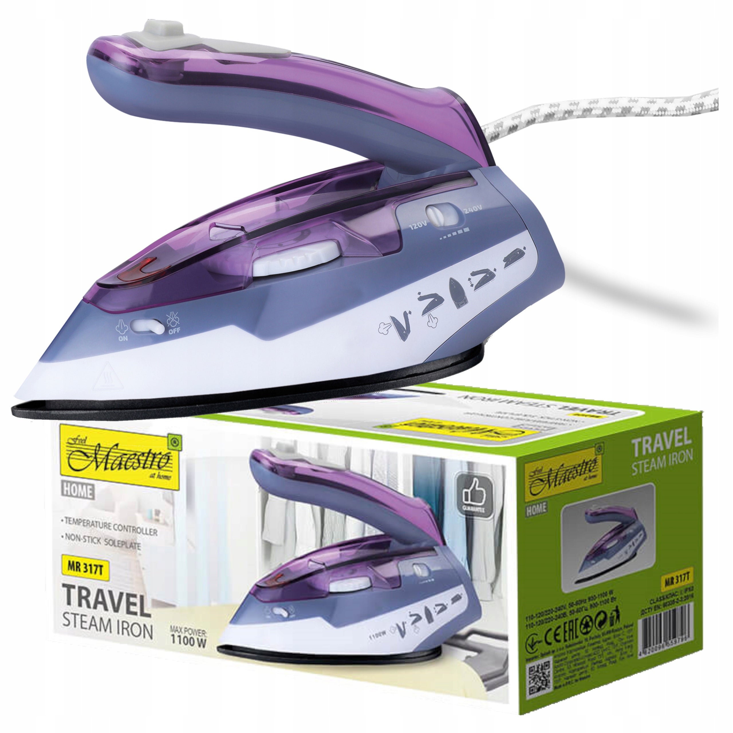 Small Tourist Iron Maestro 1100W MR-317T foldable compact 110/230V