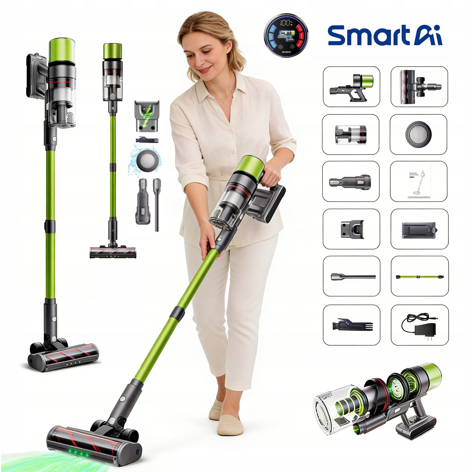 SmartAI V6 Cordless Vacuum Cleaner 65KPA 650W 29.6V 24000mAh 80min Runtime