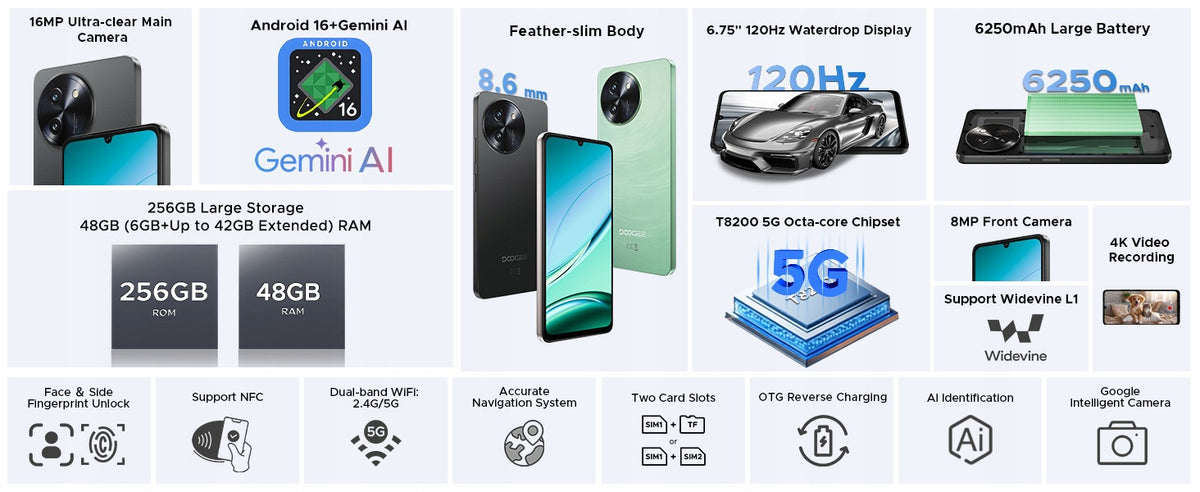Smartphone 5G DooGee NOTE59PRO 6/256GB 120Hz 6.75" HD+ Android NFC Charger included yes