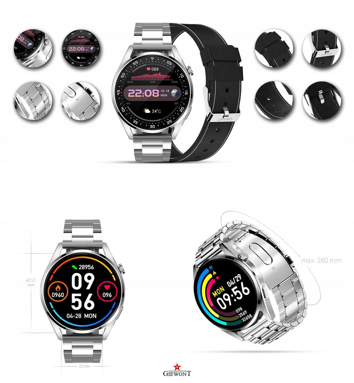 Smartwatch GIEWONT Vertex SmartCall GW450-5 Silver/Carbon Leather Brand Giewont