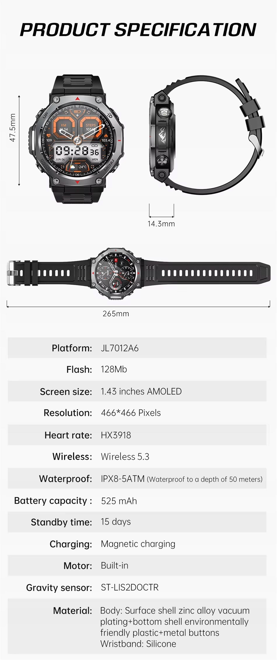 Smartwatch LIGE KT85A LED FLASHLIGHT BLACK Manufacturer code KT85A