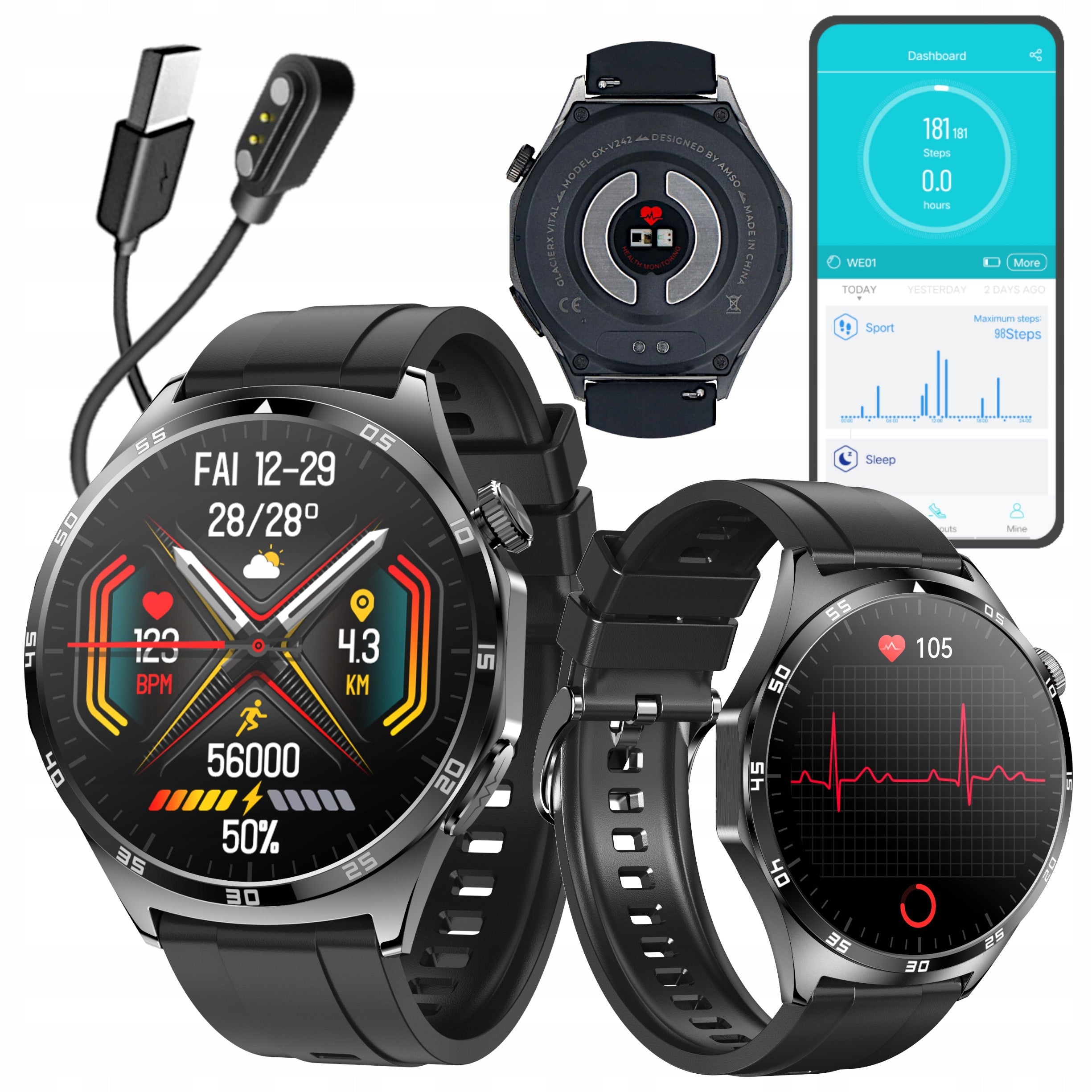Smartwatch TALK ECG sugar measurement polish menu HRV GlacierX Vital