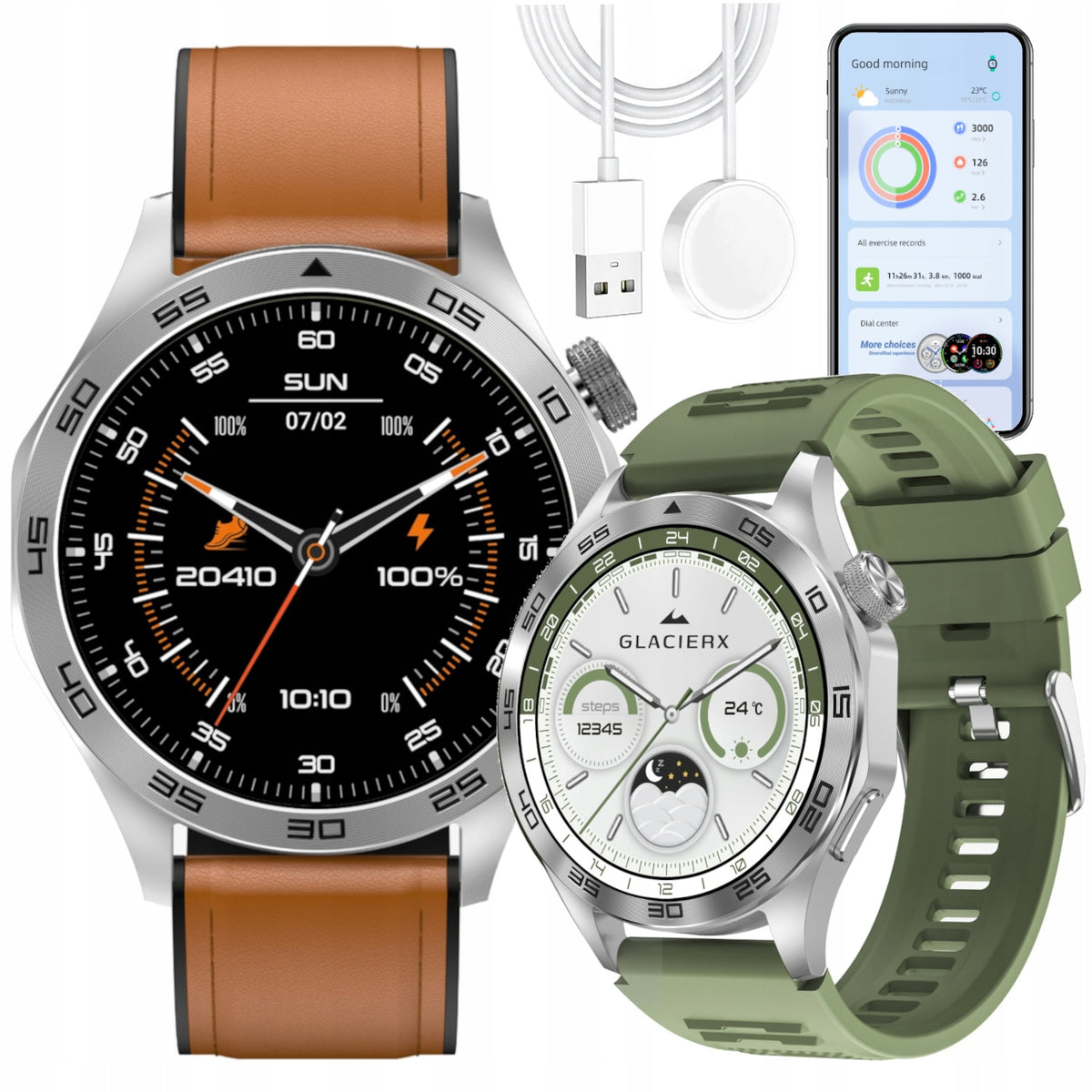 Smartwatch Talk Functions GPS Flashlight GlacierX Noir Set of 2 Straps