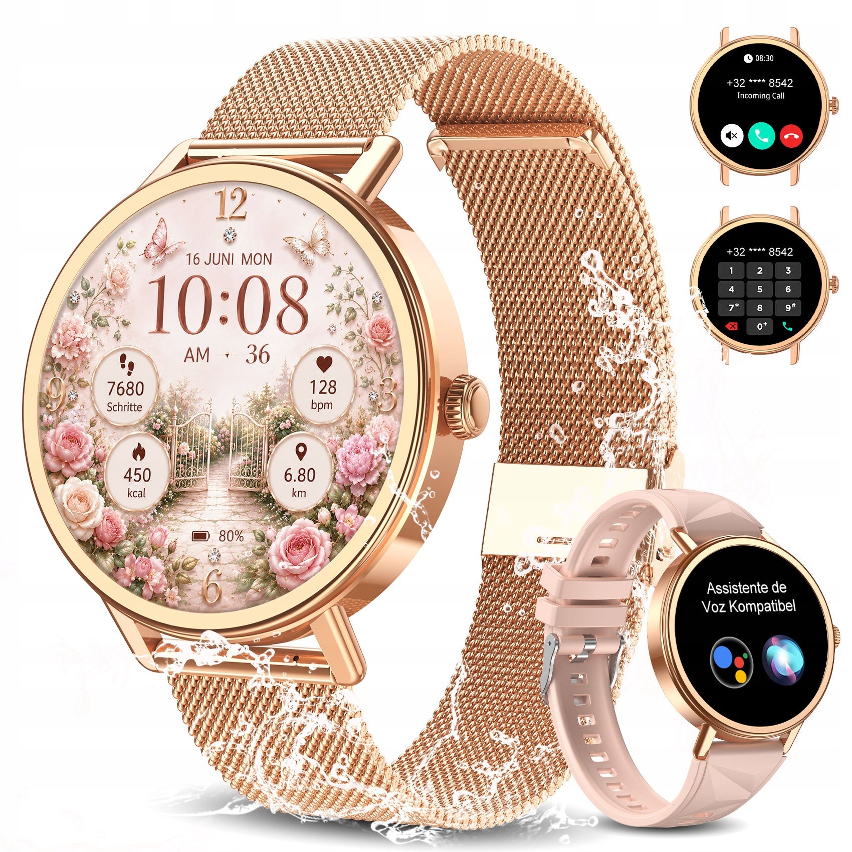 Smartwatch Women's Watch 1.26'' Waterproof Gold Calls Sport Blood Pressure