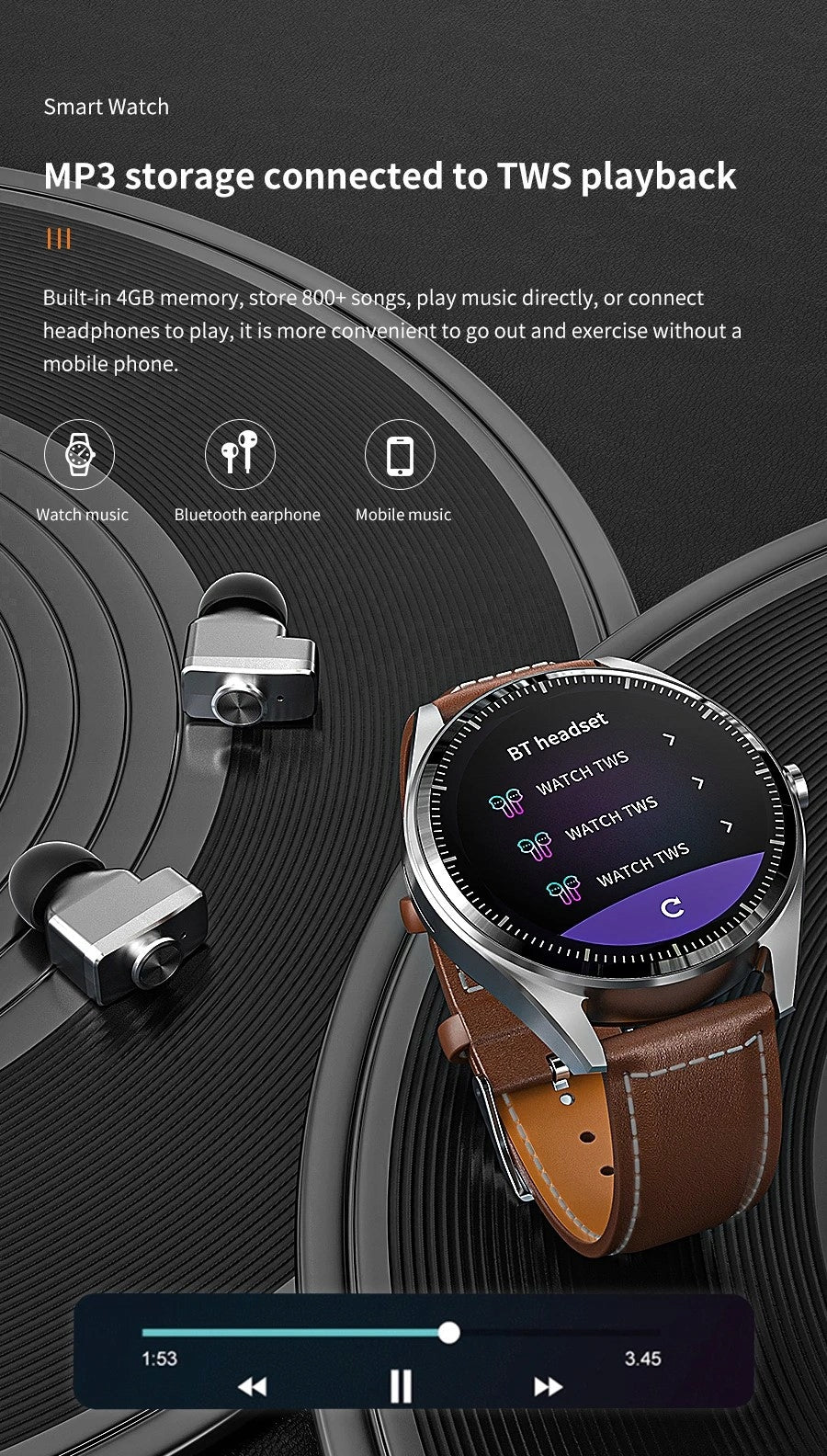 Smartwatch f26 with built-in bluetooth headphones, 4G internal memory Color silver