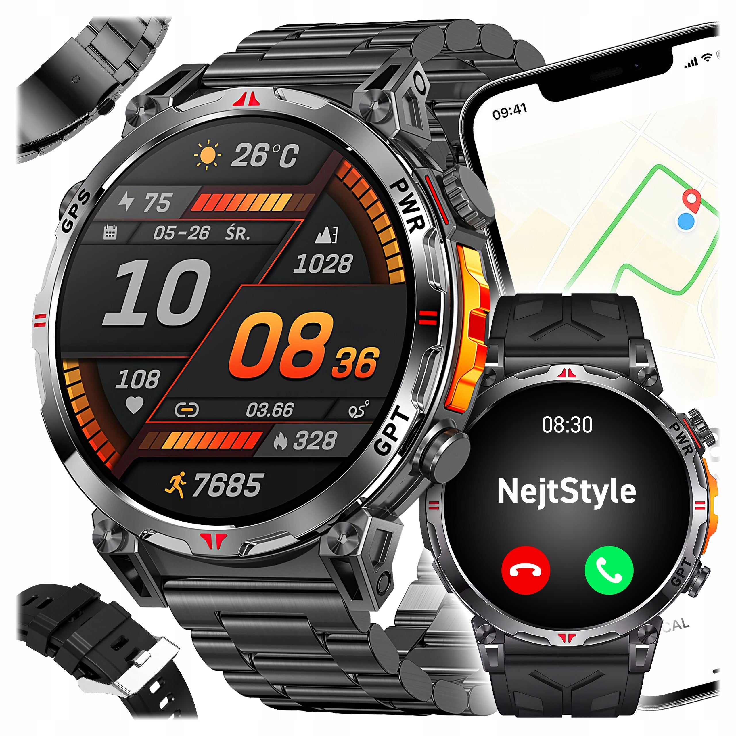 Smartwatch men's GPS AMOLED Bluetooth talk 650 mAh barometer IP68 PL menu