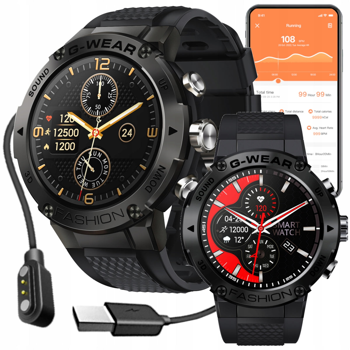 Smartwatch men's sports watch GlacierX Ceres black GAMES MUSIC CALORIES