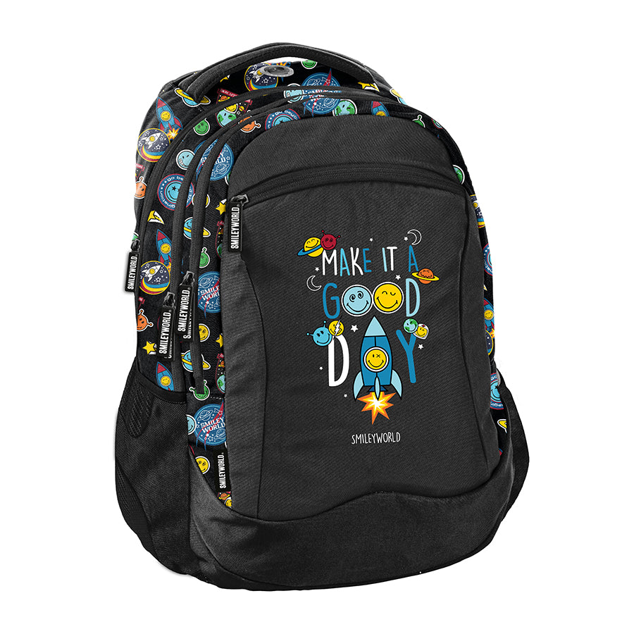 Smiley World Youth School Backpack BeUniq Black Emoji Space Theme