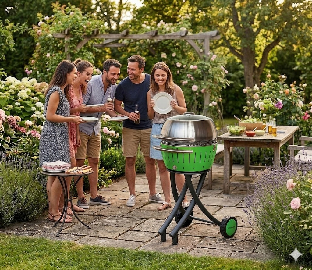 Smokeless Garden Charcoal Grill with Trolley Cover Ashtray LotusGrill XL Grill depth 56.7 cm