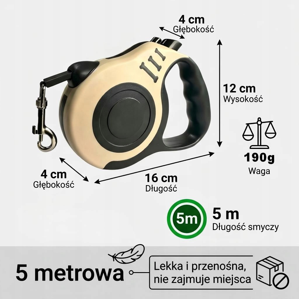 Smycz dla psa automatyczna - 5m, blokada, obrotowy hak i wygodny uchwyt Color yellow