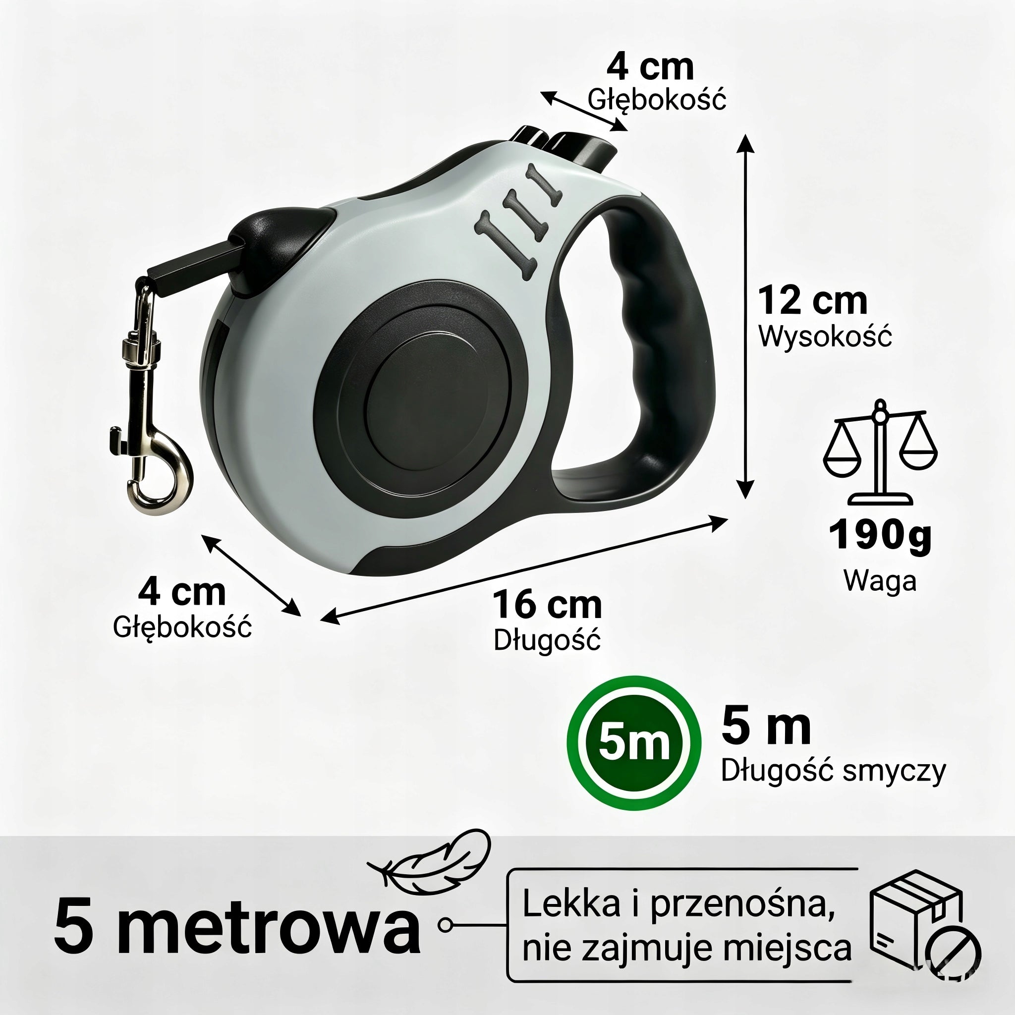 Smycz rozsuwana dla psa 5m - solidna obudowa ABS, antypoślizgowa Color gray
