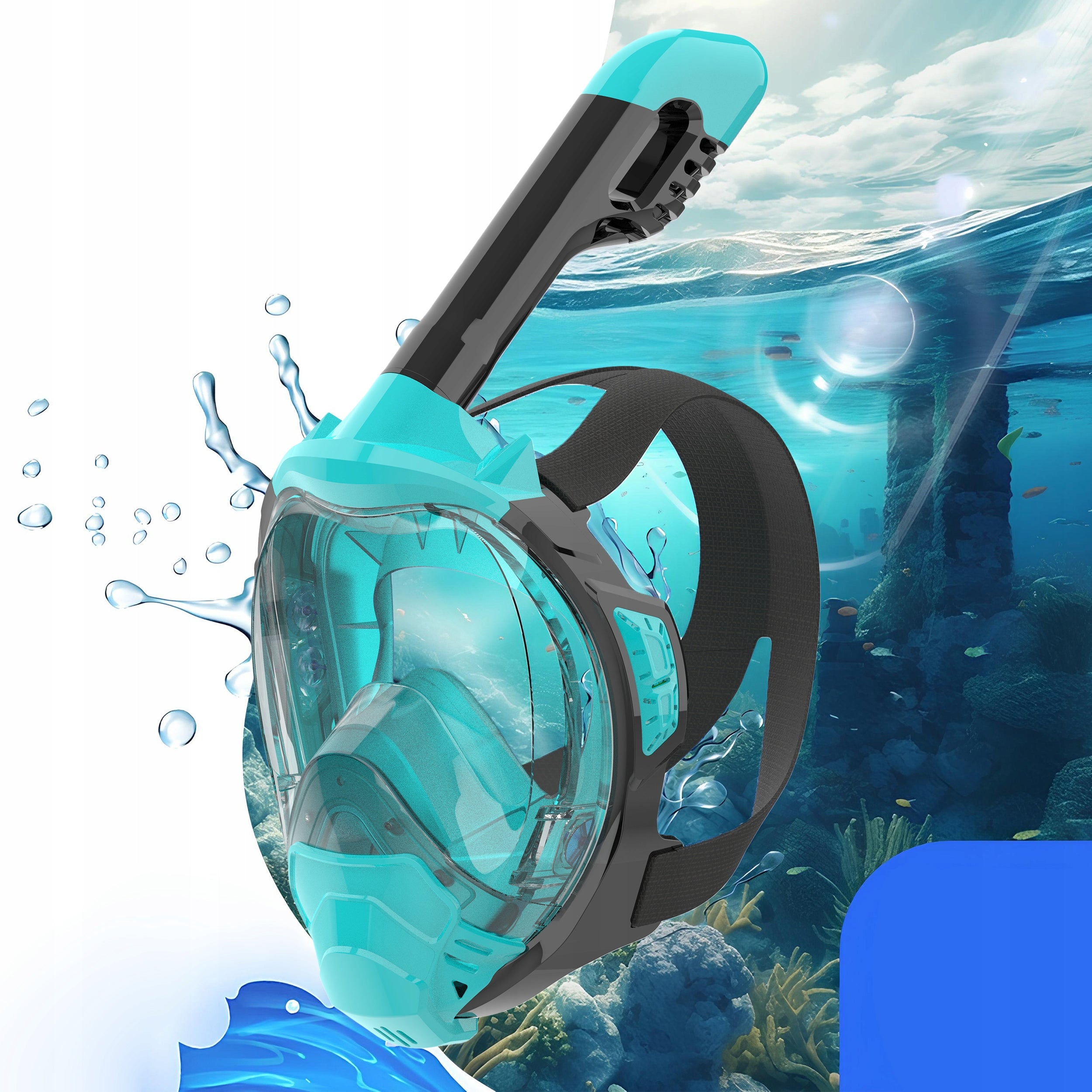 Snorkeling mask full face diving with tube view 180° azure Packaging status original