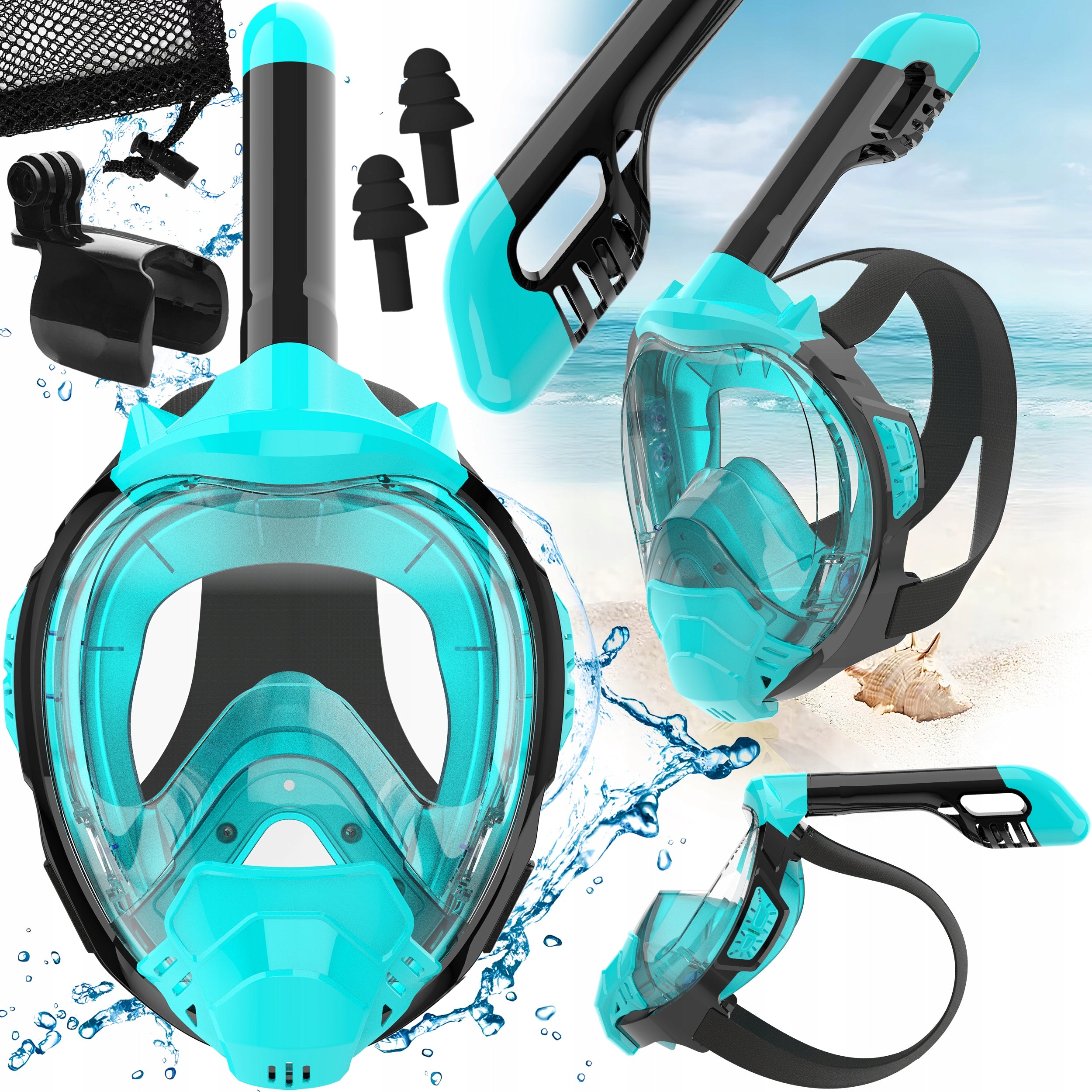 Snorkeling mask full face diving with tube view 180° azure