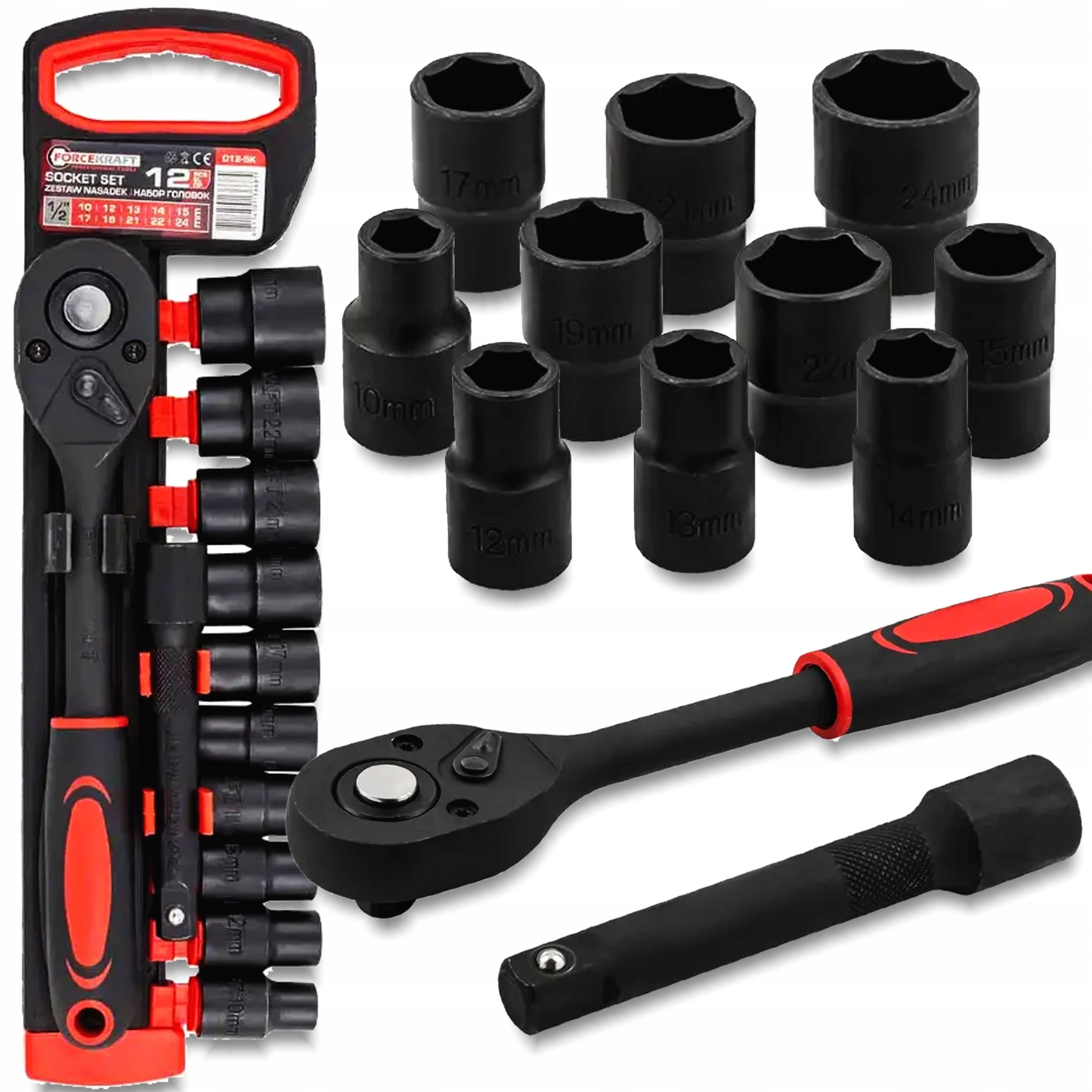 Socket set 1/2" 10-24 mm 12 el with ratchet extension CrV Forcekraft
