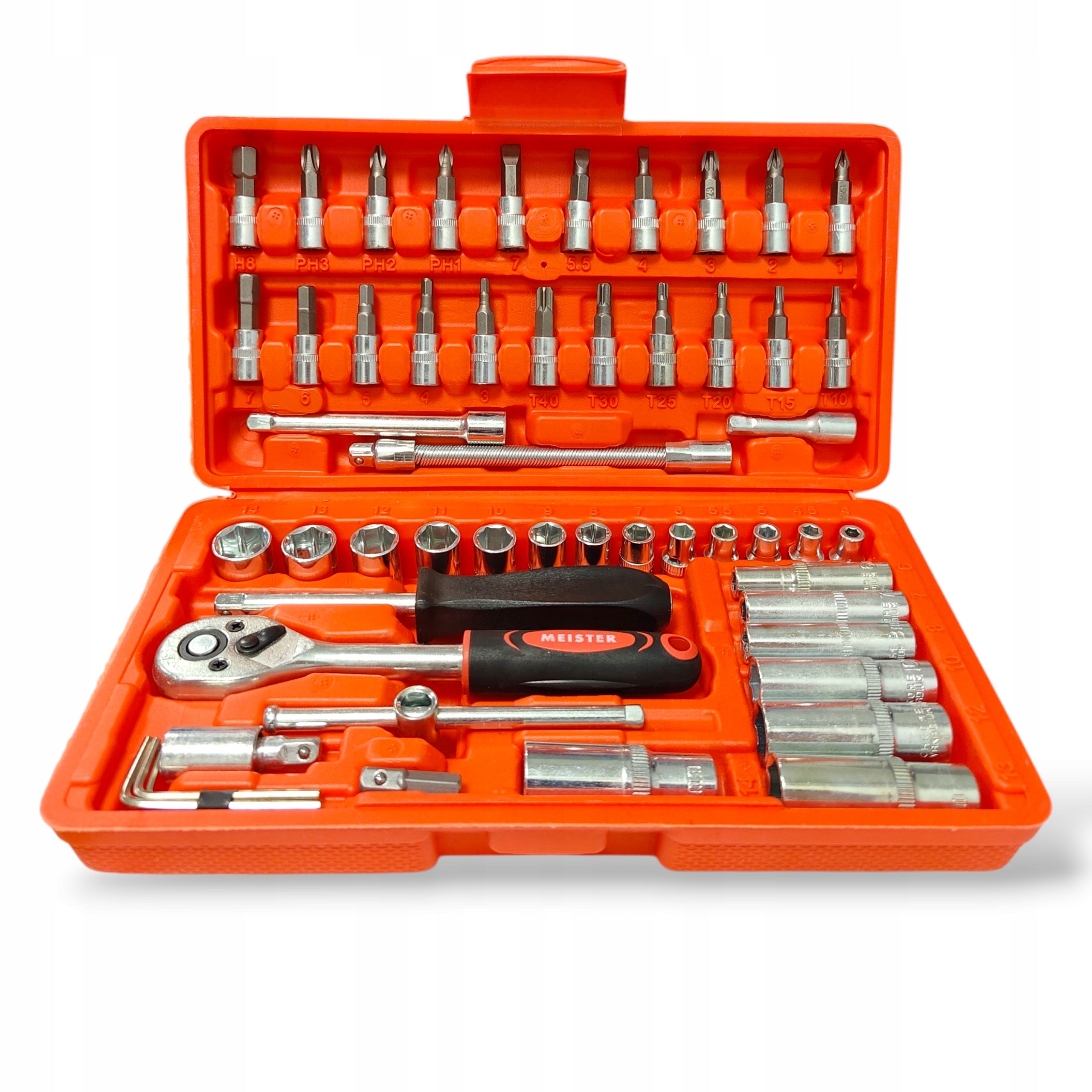 Socket wrench set 53 el 1/4" bits CrV ratchet case