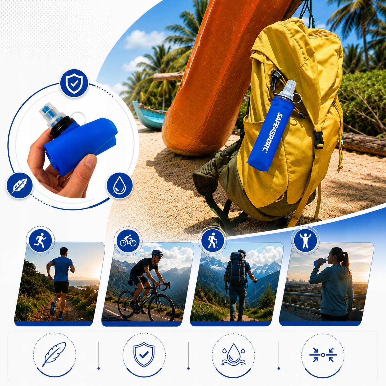 Soft Flask 250ml Folding Soft Running Bottle with Handle Blue Packaging status original