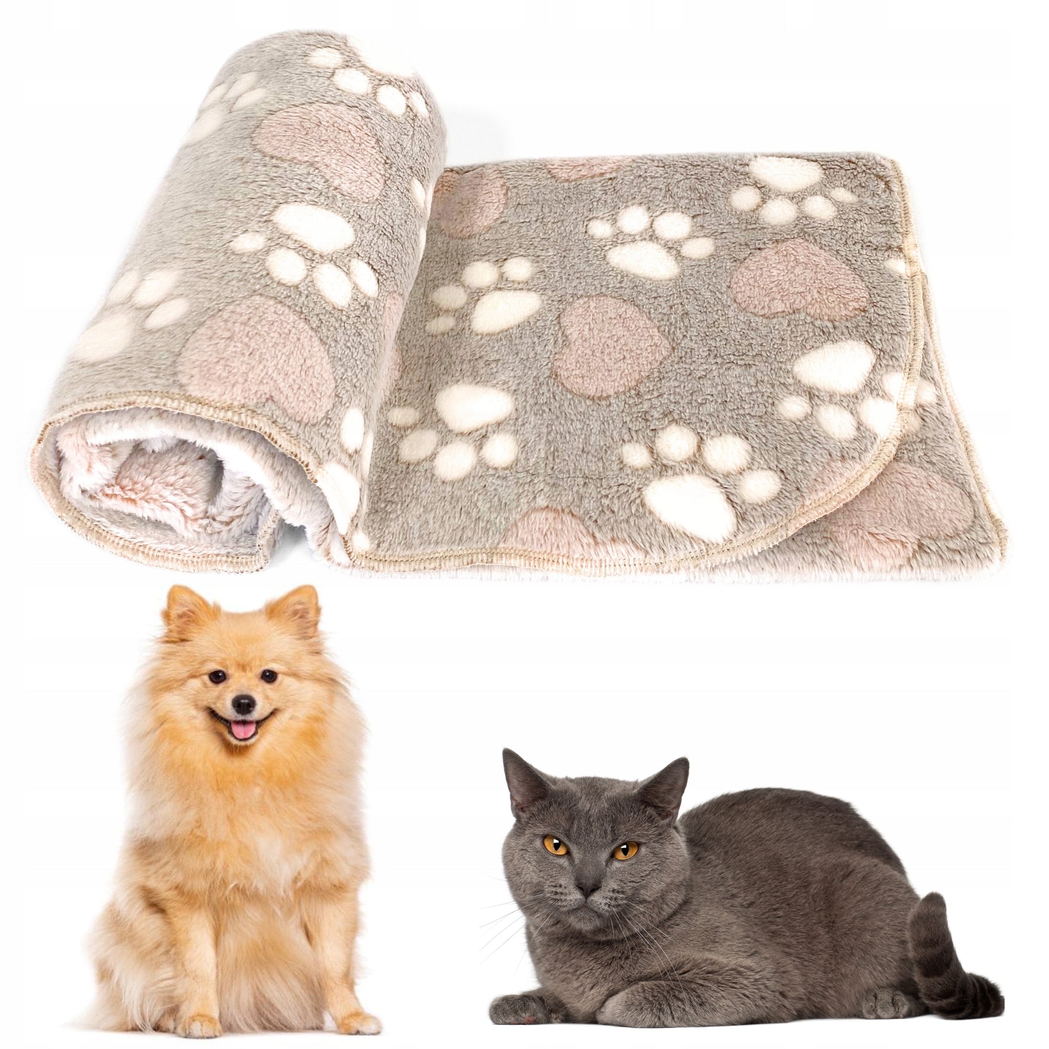 Soft cat dog blanket for bed DOTTY plush beige paws 60x40