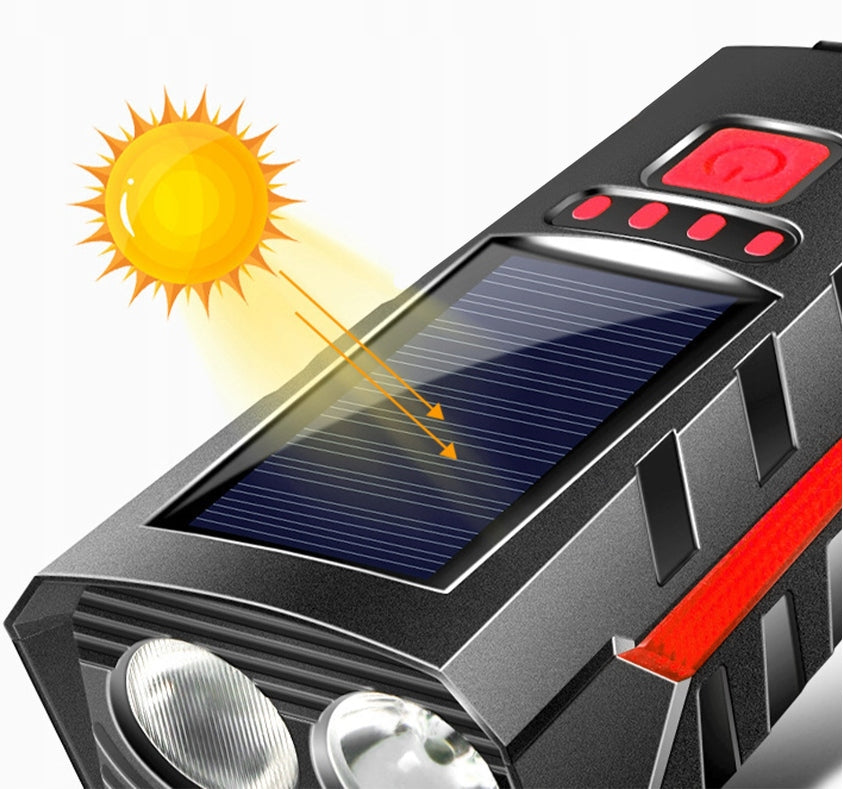 Solar Bike Light Front Rear 800lm Horn 140dB USB Powerbank Packaging status original