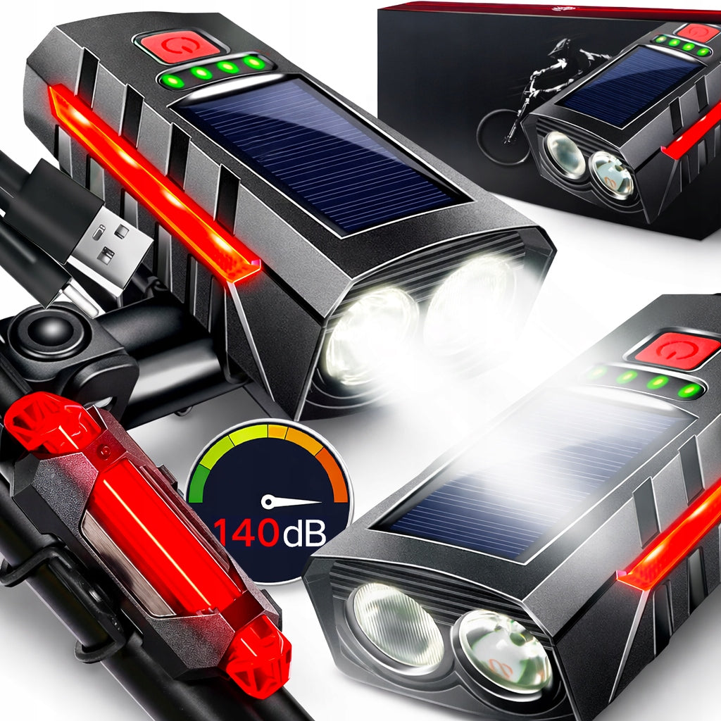 Solar Bike Light Front Rear 800lm Horn 140dB USB Powerbank