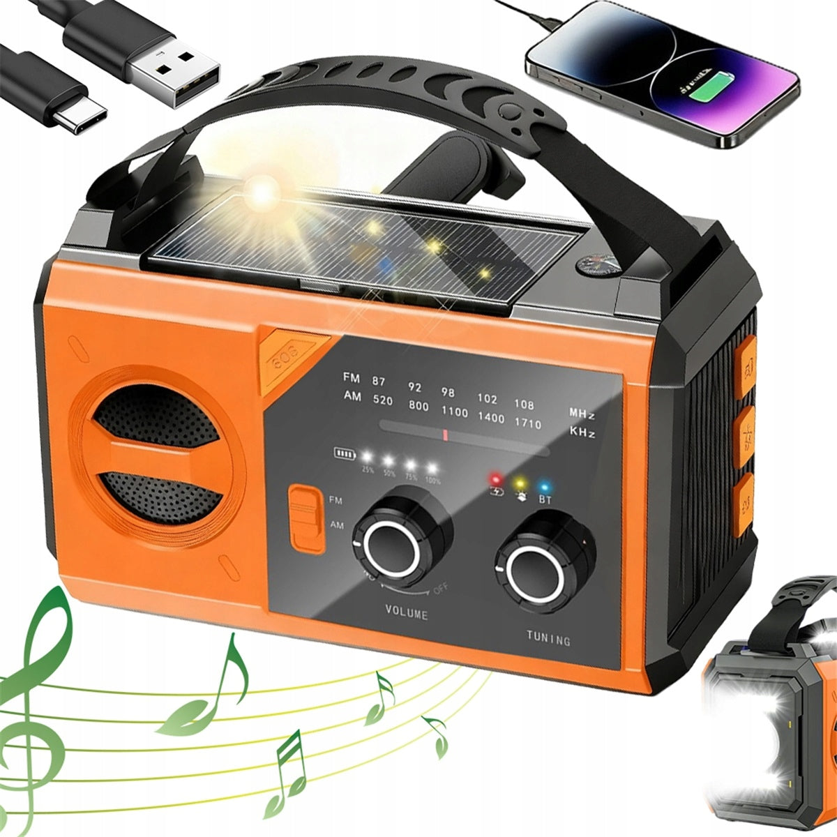Solar Charging And Crank Bluetooth Radio 5.3 20000mah, Orange
