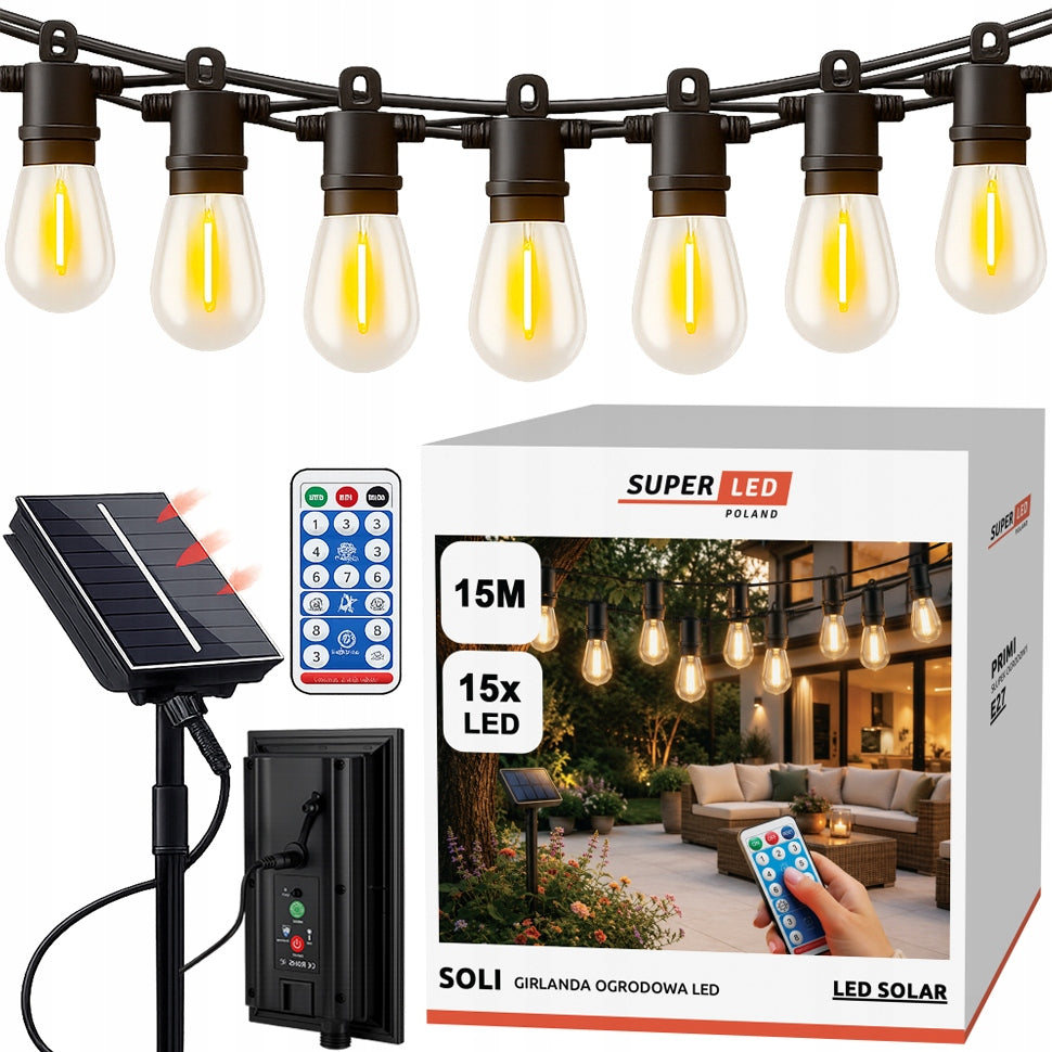 Solar Garden Garland 15m 15x LED Bulb E27 + Remote Control + USB Charging