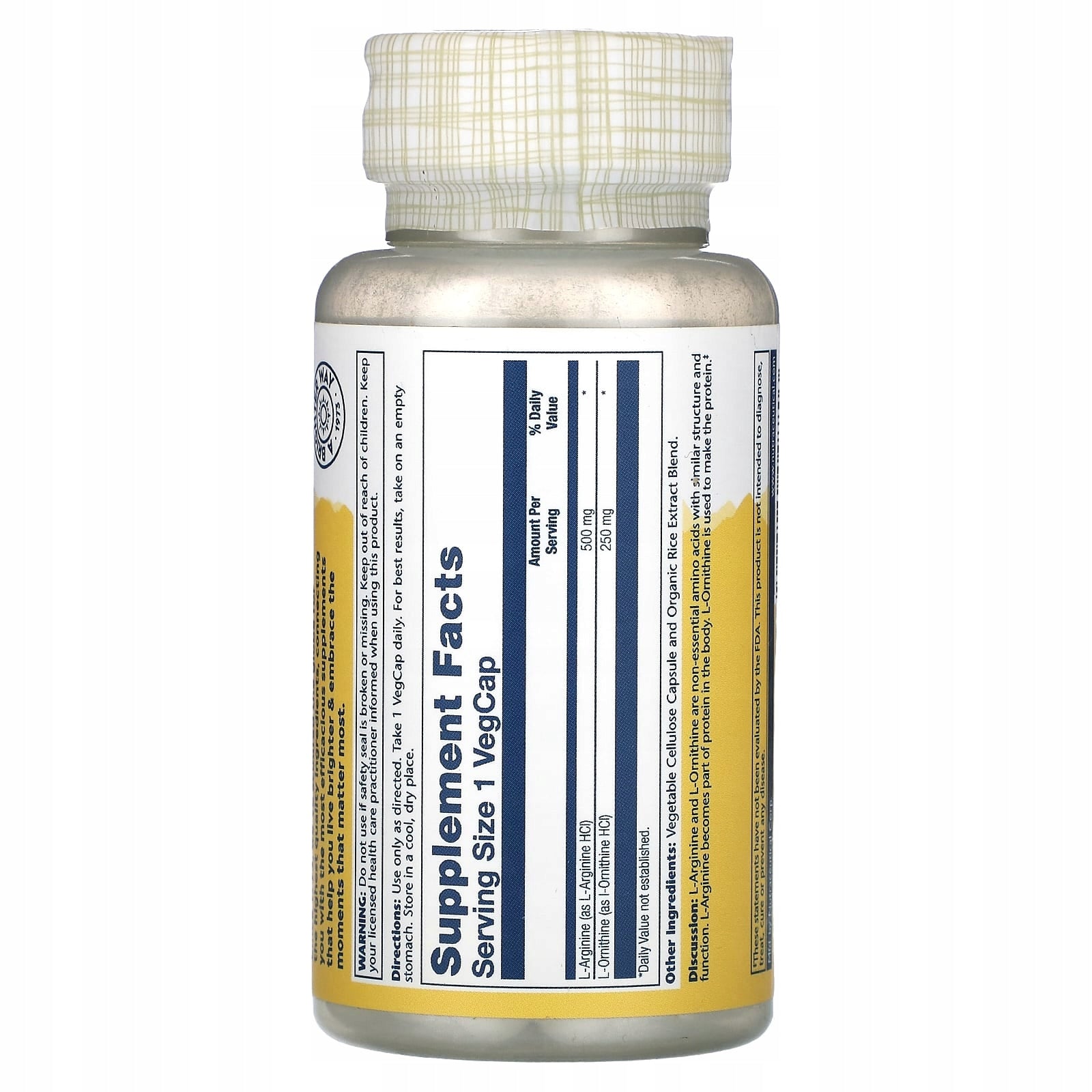 Solaray, L-arginine L-ornithine, 750 mg, 50 vegetable capsules Expiration date at least 3 months from the date of purchase
