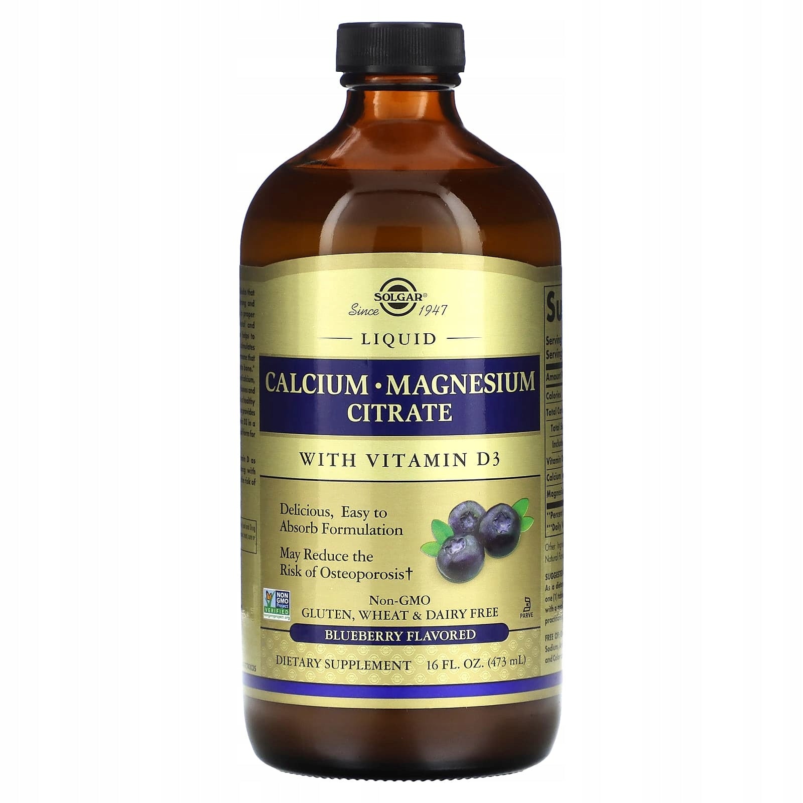 Solgar, Calcium and magnesium citrate liquid with vitamin D3, blueberry, 473 ml