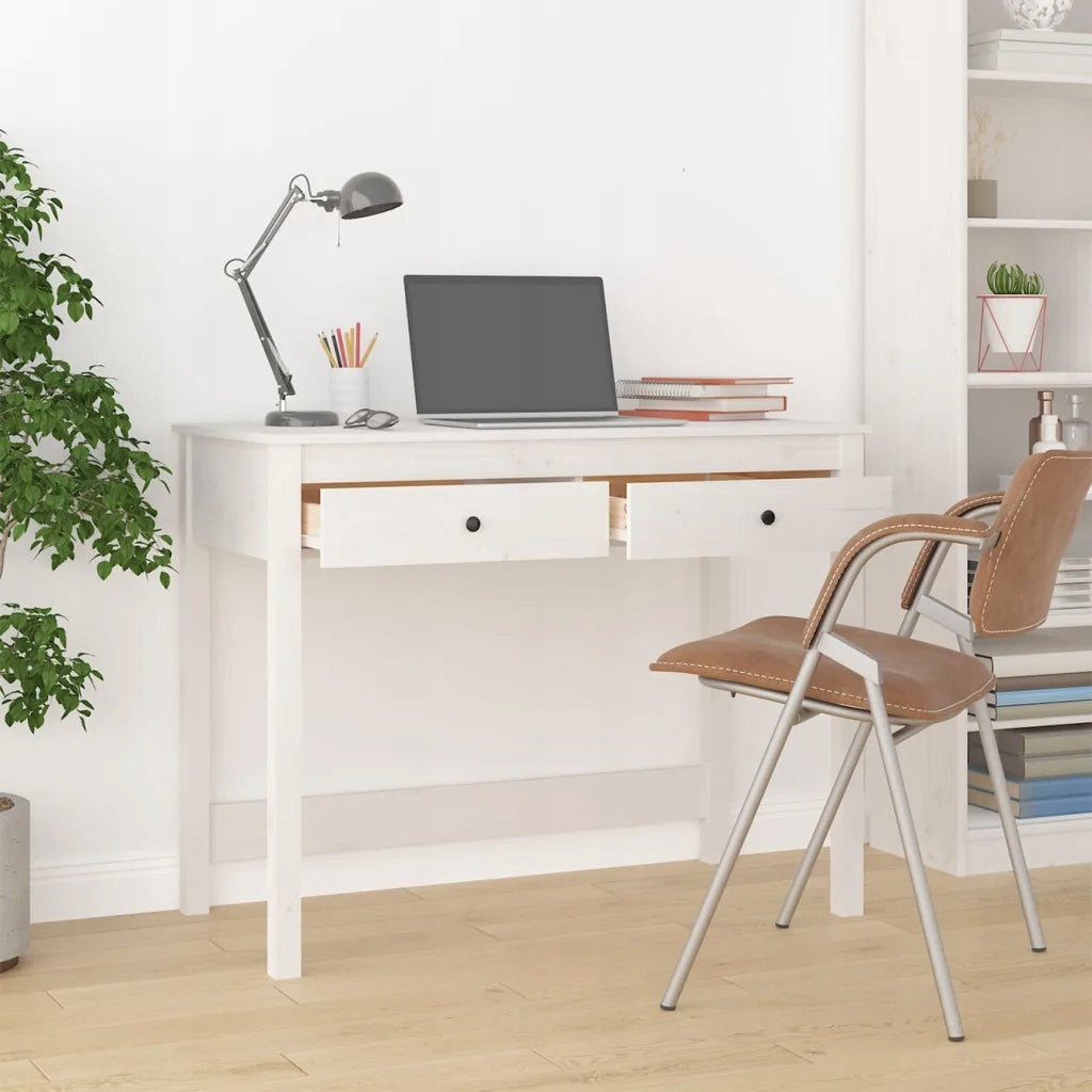 Solid pine wood computer desk, 2 drawers, white, 100x50x78 Furniture color white