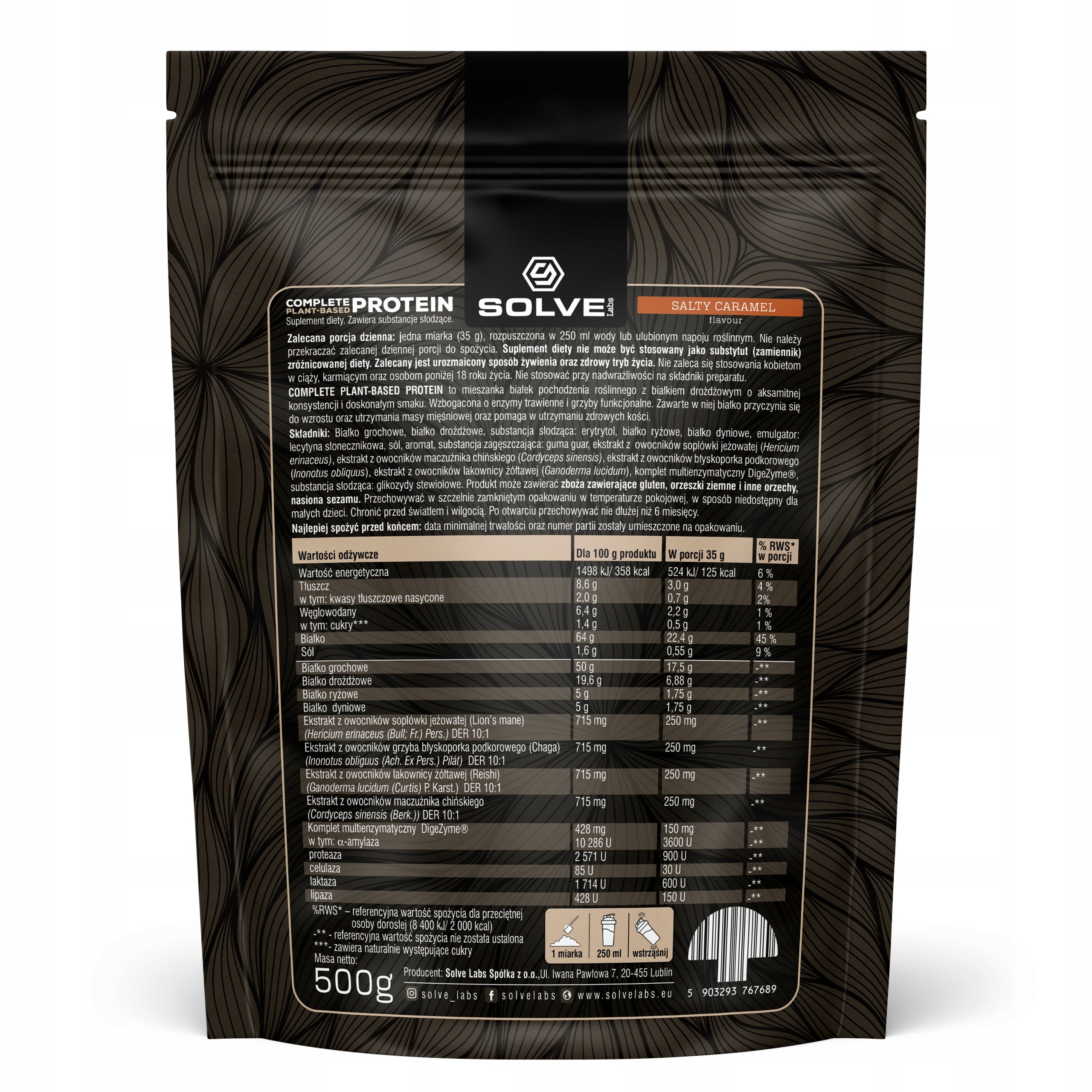 Solve Labs Complete PlantBased Protein 500g Salty Caramel Lion's Mane Expiration date at least six months from the date of purchase