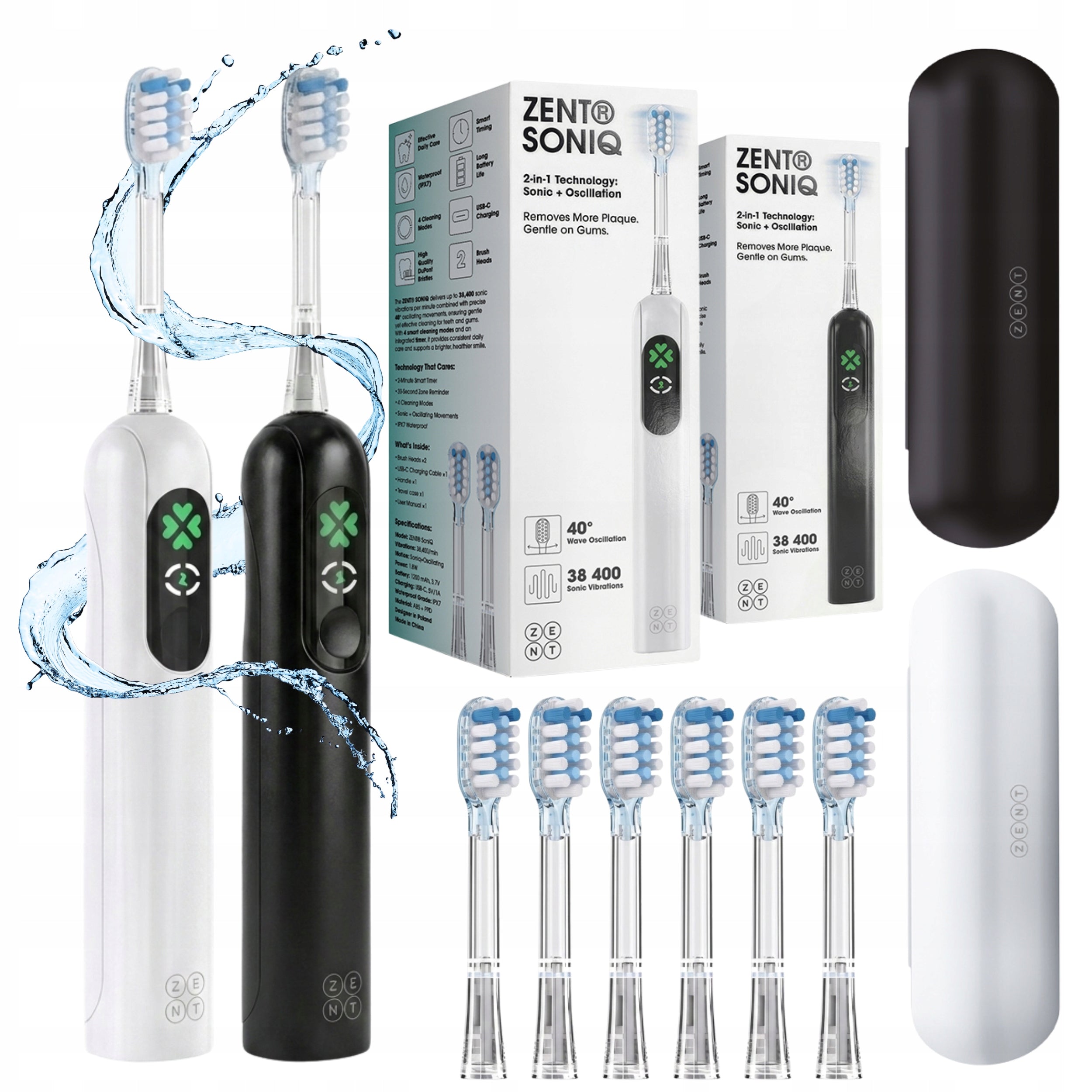 Sonic Toothbrush Set of 2 for Electric Teeth 8 Tips Pouch